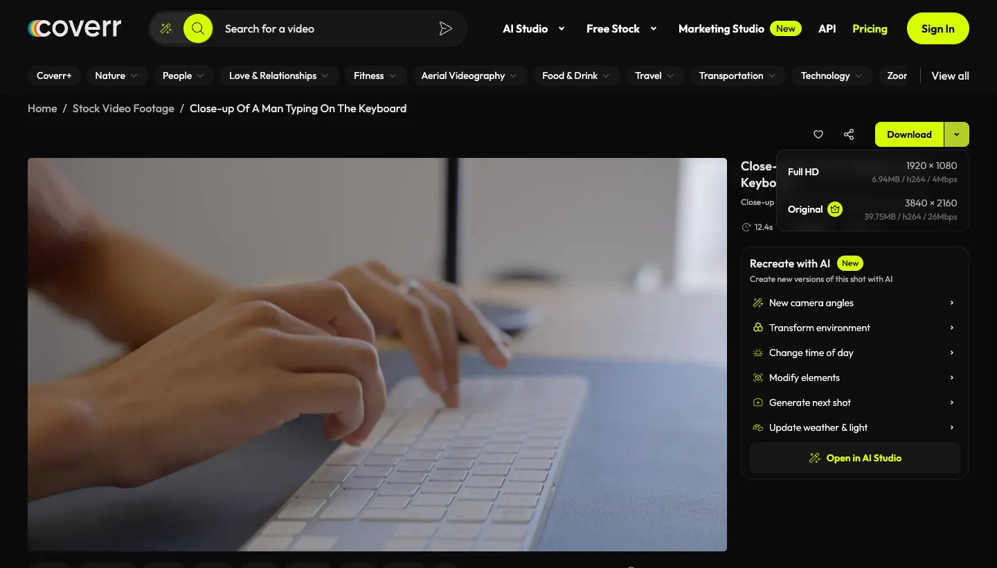 Coverr、Videezy 免費影片素材下載教學:可商用嗎?授權與標註一次看懂 3 Coverr 影片頁的下載選單,Full HD 可免費下載,標示皇冠的 Original 原始 4K 檔需付費方案