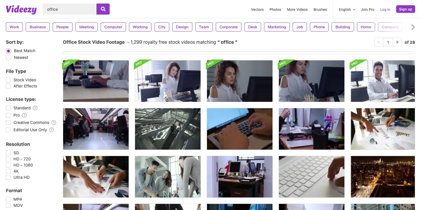 Coverr、Videezy 免費影片素材下載教學:可商用嗎?授權與標註一次看懂 4 Videezy 搜尋 office 的結果頁,左側可依授權類型、解析度與格式篩選,有 PRO 標籤的是付費影片