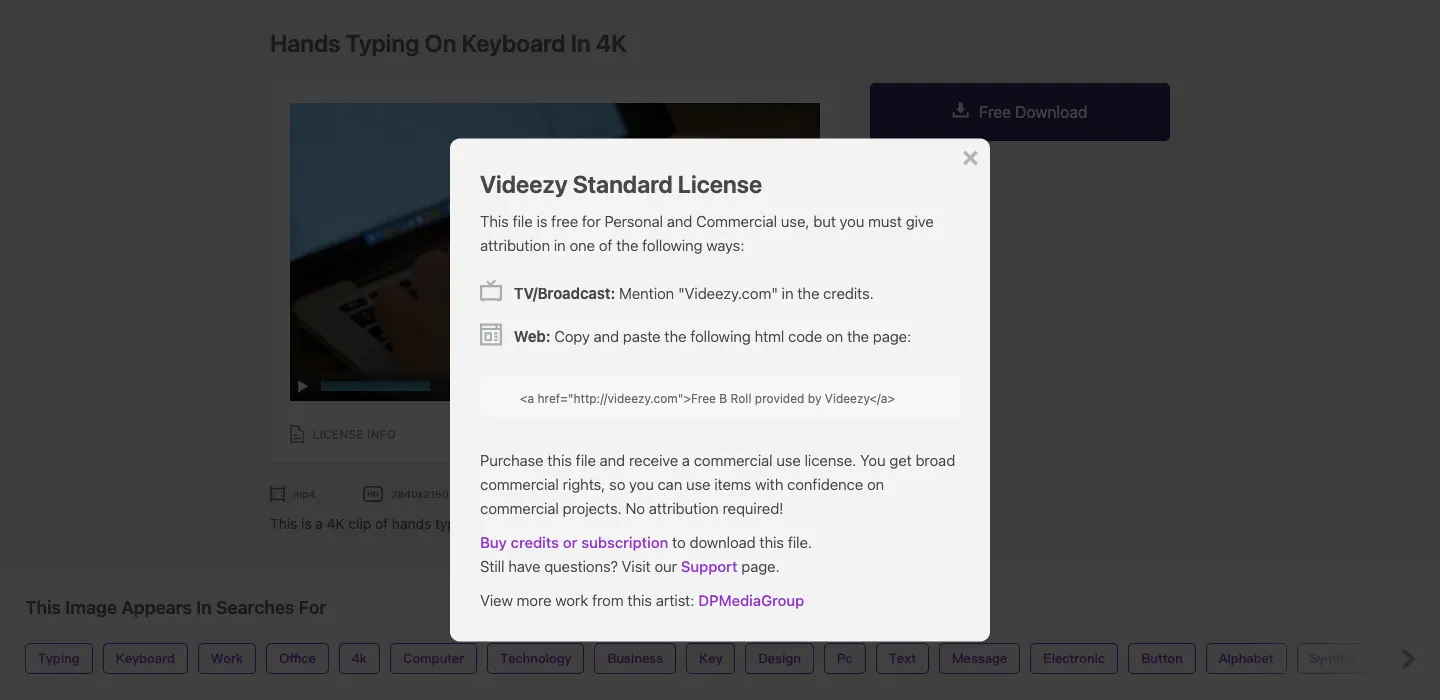 Coverr、Videezy 免費影片素材下載教學:可商用嗎?授權與標註一次看懂 5 Videezy 影片頁點開「LICENSE INFO」後的 Videezy Standard License 說明,列出影視片尾與網頁的標註方式