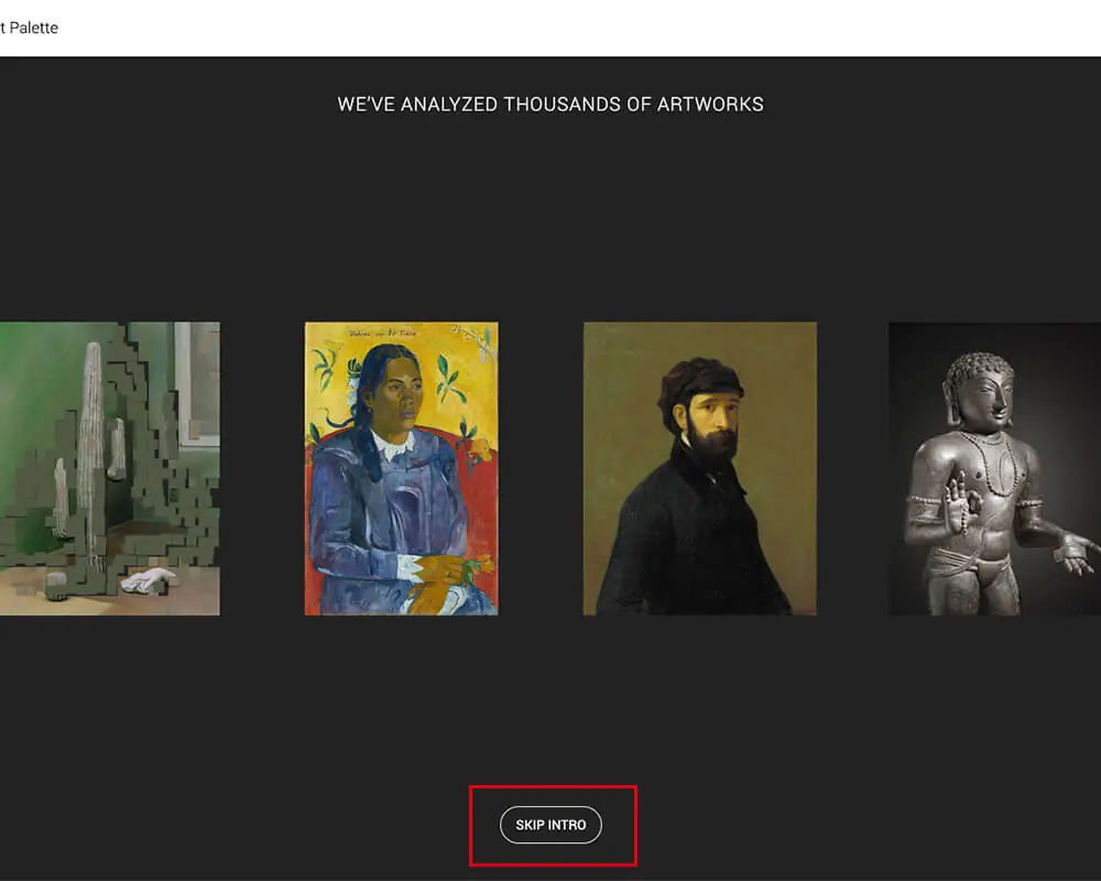 Google Art Palette 教學:用名畫找網頁配色的 Google 配色工具 2 Google Art Palette 前導動畫畫面,下方有 SKIP INTRO 略過按鈕