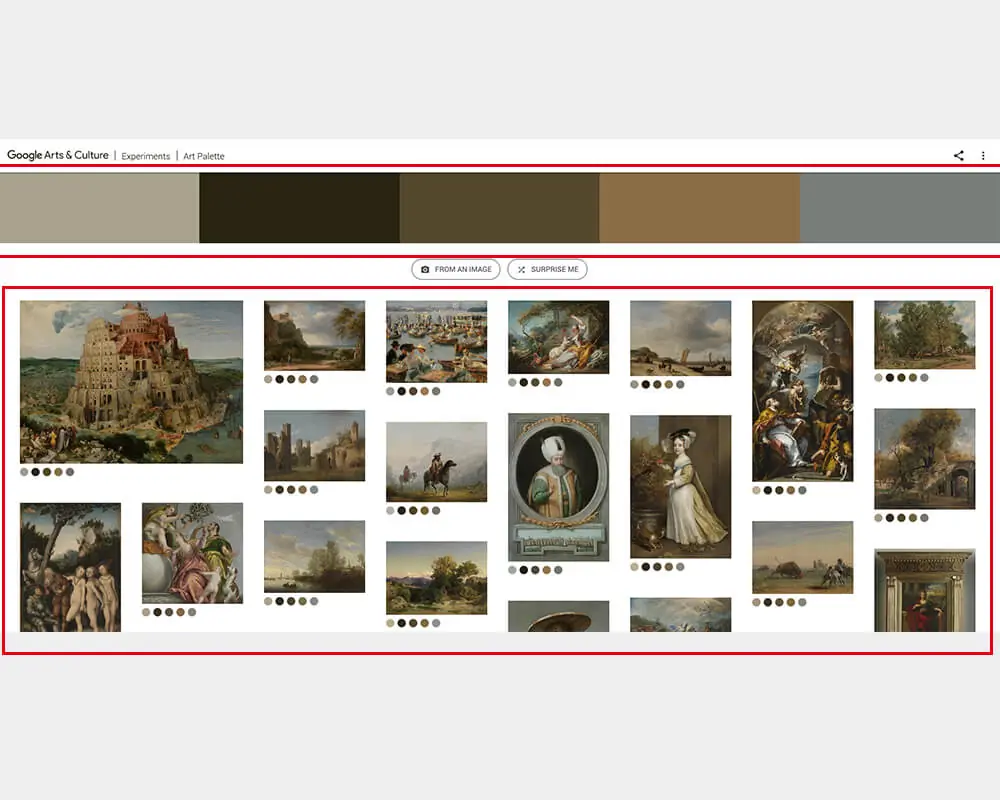 Google Art Palette 教學:用名畫找網頁配色的 Google 配色工具 3 Google Art Palette 主畫面,上方是五個主色色塊,下方是用色相近的藝術作品