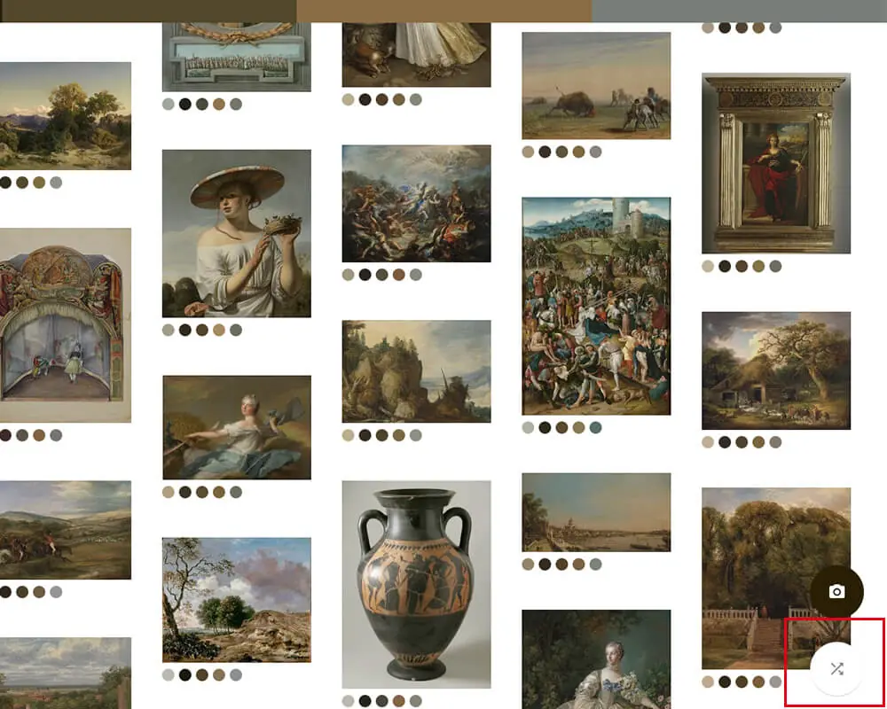 Google Art Palette 教學:用名畫找網頁配色的 Google 配色工具 4 Google Art Palette 舊版介面,捲動時出現的圓形隨機跳色按鈕