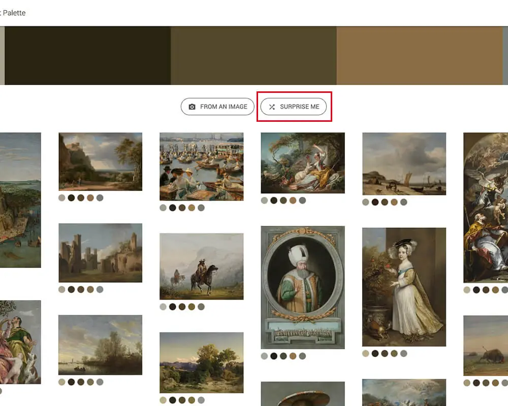 Google Art Palette 教學:用名畫找網頁配色的 Google 配色工具 5 Google Art Palette 舊版介面,隨機跳色後換成另一組五色與作品