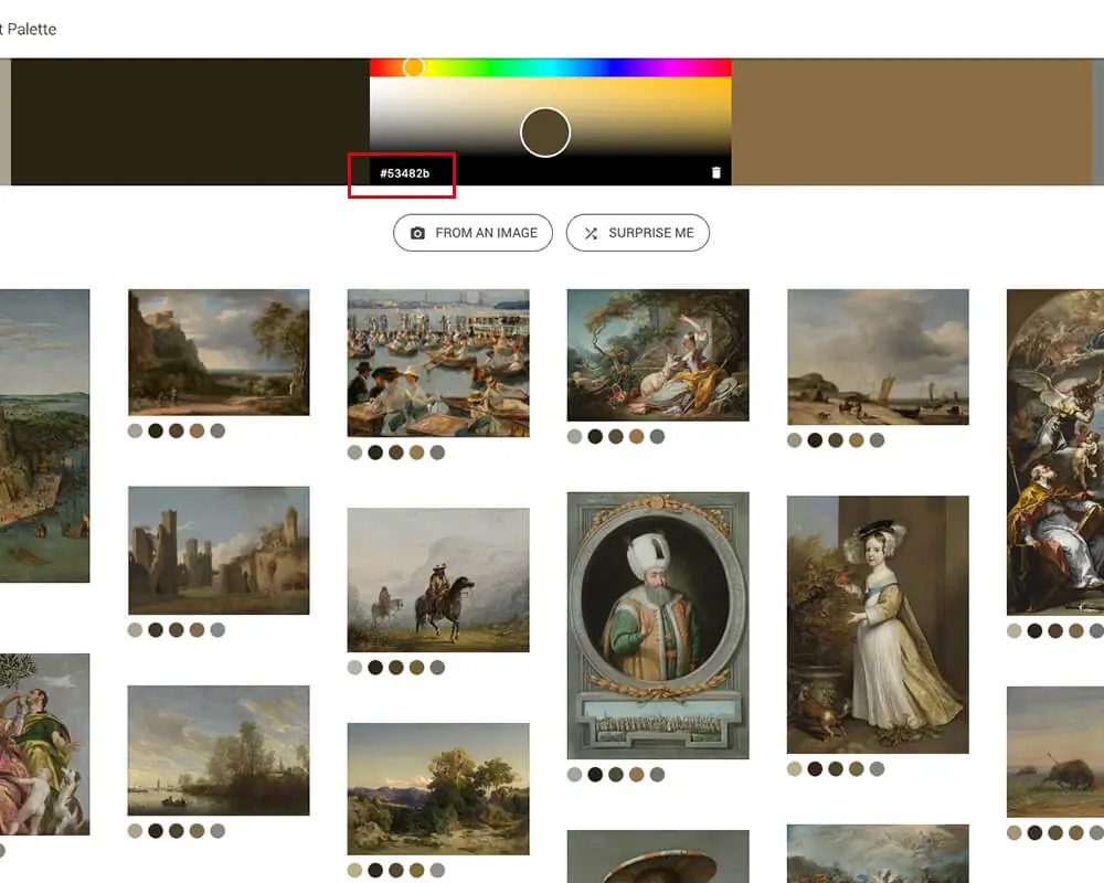 Google Art Palette 教學:用名畫找網頁配色的 Google 配色工具 6 滑鼠移到 Google Art Palette 色塊上,左下角顯示該顏色的色碼