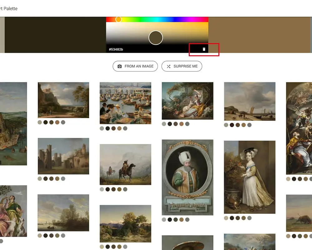 Google Art Palette 教學:用名畫找網頁配色的 Google 配色工具 7 Google Art Palette 舊版介面,色塊右下角的垃圾桶與加號,可刪減或增加顏色
