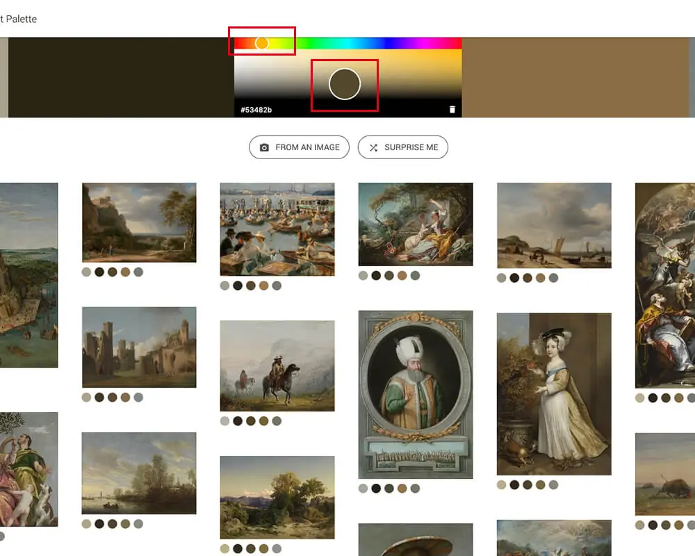Google Art Palette 教學:用名畫找網頁配色的 Google 配色工具 8 Google Art Palette 的選色器,調整顏色後重新計算出相符的藝術作品