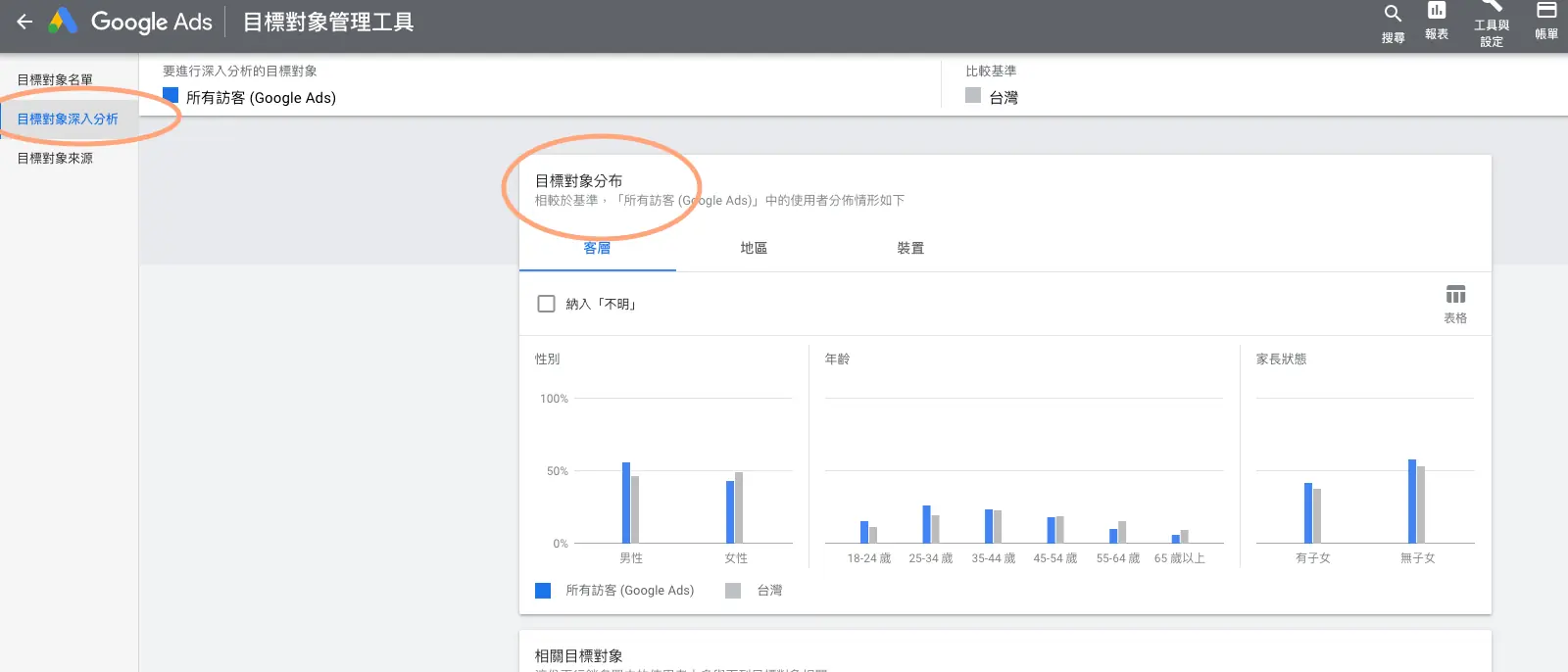 Google 再行銷廣告教學:Google Ads 代碼、網站訪客區隔與投放設定 10 舊版 Google Ads 目標對象深入分析畫面,顯示再行銷名單內訪客的數據