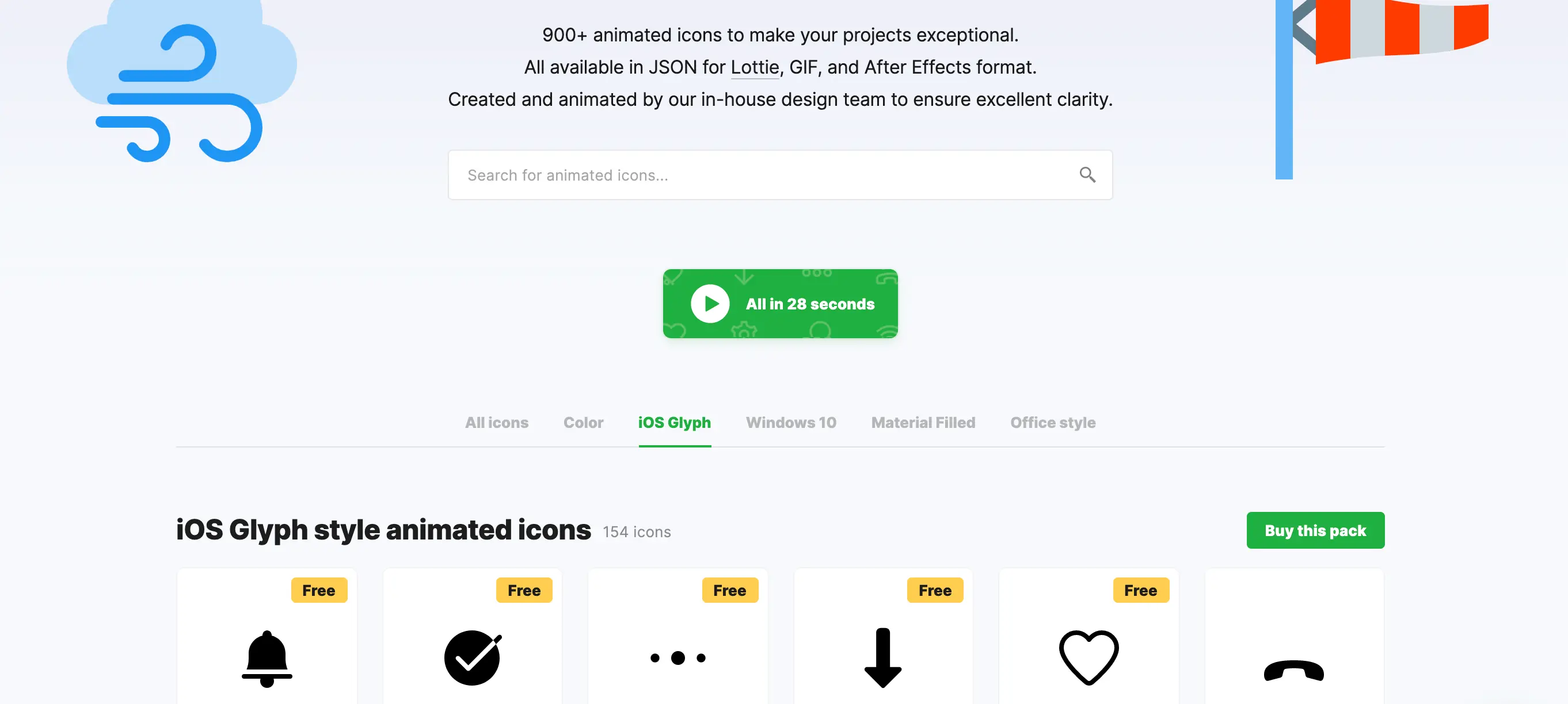 Icons8 動態 icon 免費下載:找圖、授權與 WordPress 使用教學 1 Icons8 Animated icons 2.0 舊版頁面(2020 年),列出 Color、iOS Glyph 等動態圖示分類
