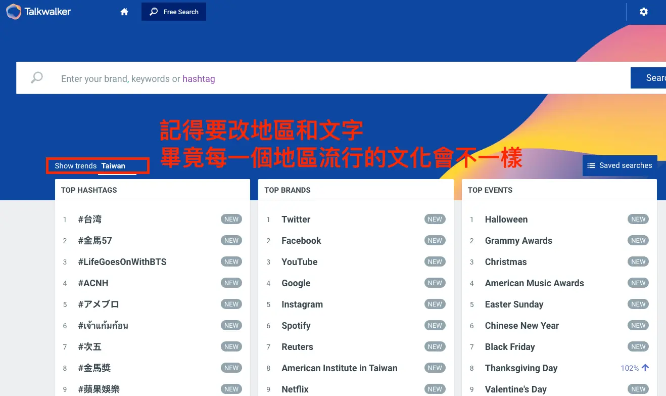 Talkwalker 教學:用免費社群搜尋找熱門話題與關鍵字聲量 3 Talkwalker 介面左側列出的當前熱門話題(2020 年畫面)