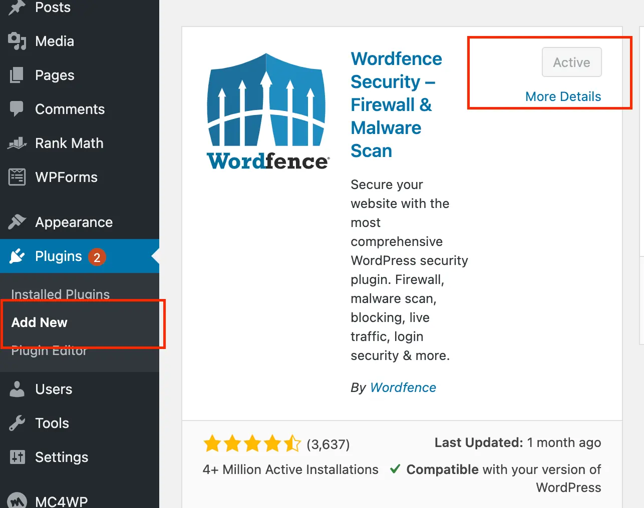 Wordfence 教學:WordPress 防火牆外掛安裝、掃描與免費版差異 1 在安裝外掛頁搜尋 Wordfence 並安裝