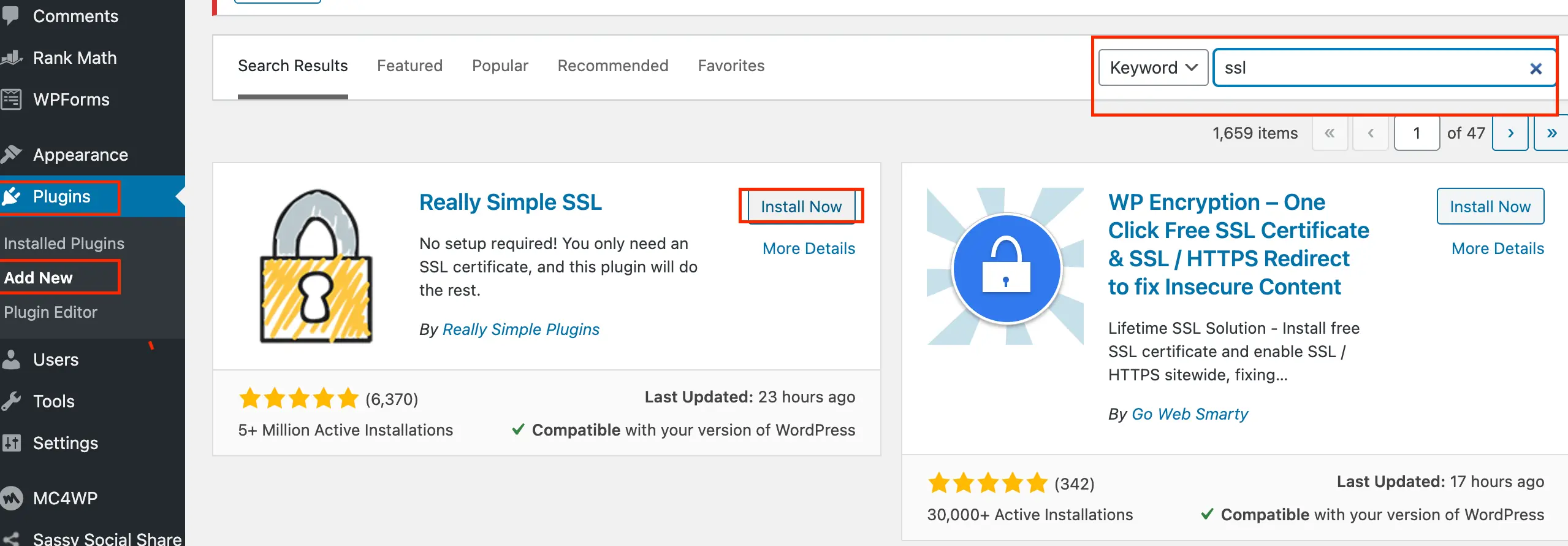 在 WordPress 後台安裝外掛頁面搜尋 SSL，找到 Really Simple SSL