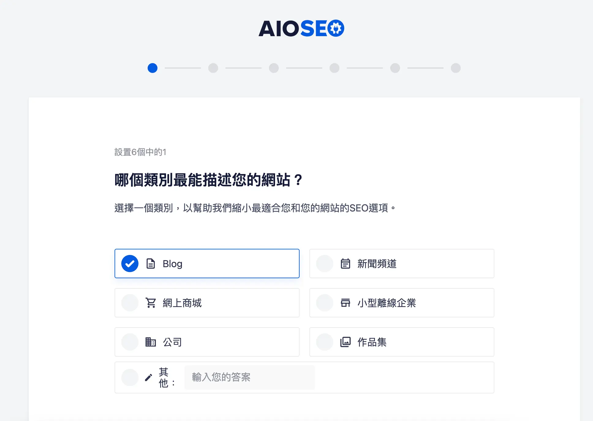 All in One SEO 設定精靈第一步，選擇網站類型