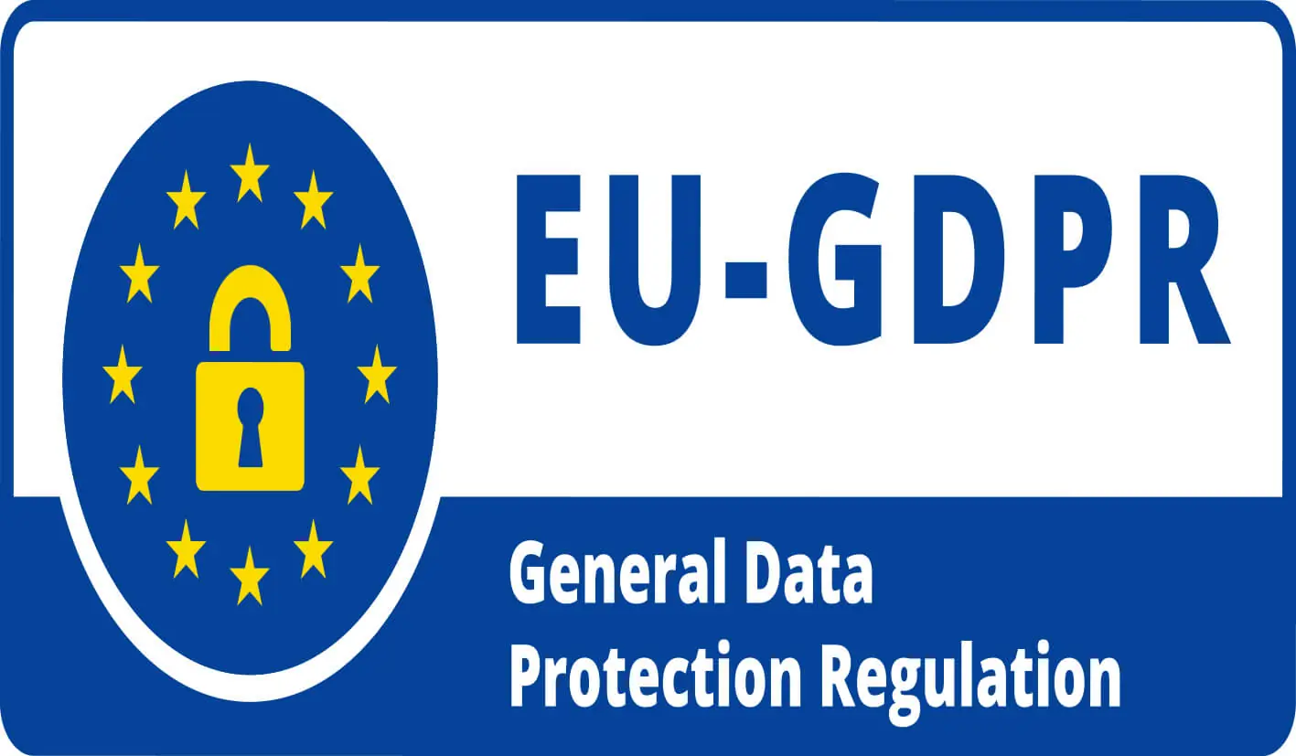 EU-GDPR 示意圖，藍色圓形內有歐盟星環與黃色鎖頭，旁邊寫著 General Data Protection Regulation
