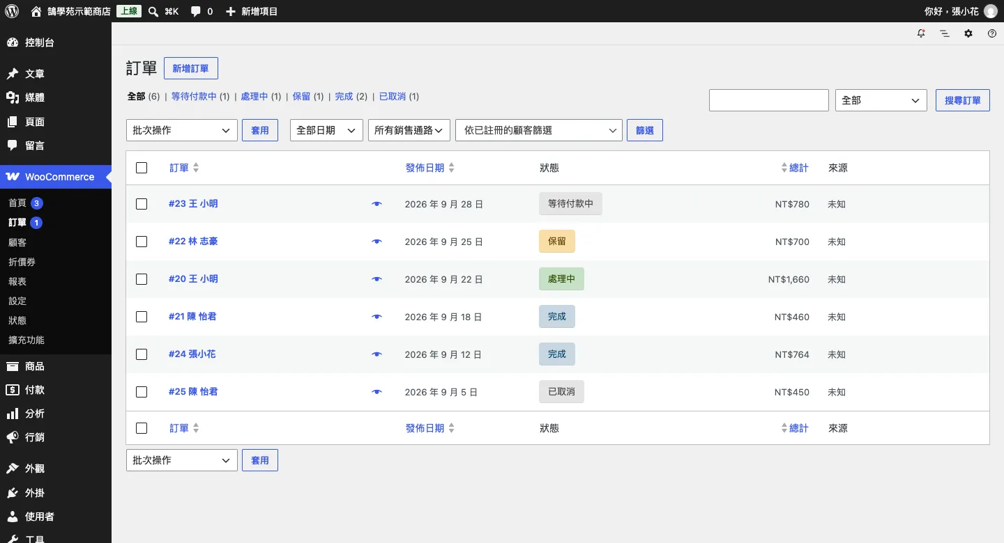 WooCommerce 訂單、顧客與 WordPress 優惠折扣碼設定教學 1 WooCommerce 訂單列表:上方依狀態分組,每筆訂單顯示編號、顧客、日期、狀態與總計