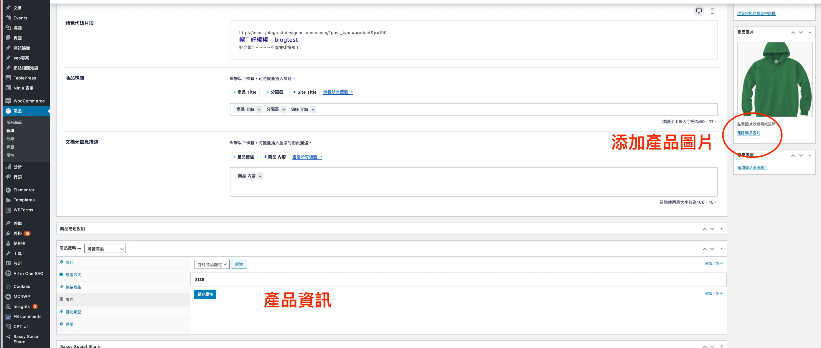 商品資料區塊中選擇商品類型並填寫一般價格與特價