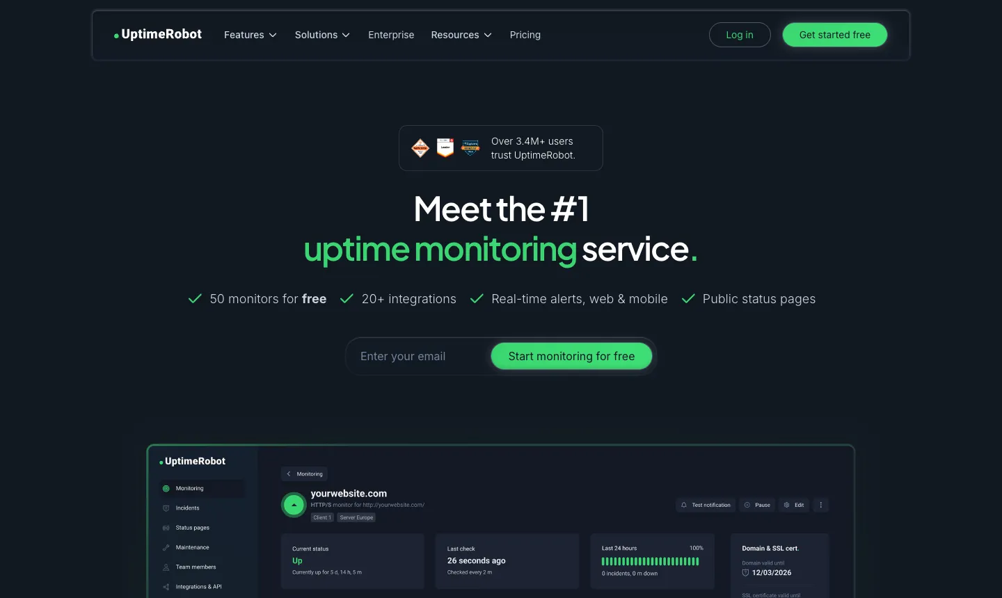 UptimeRobot 教學:免費網站監控設定,網站掛掉立即通知(2026) 1 UptimeRobot 官網首頁,標示免費 50 個監控、即時通知與公開狀態頁