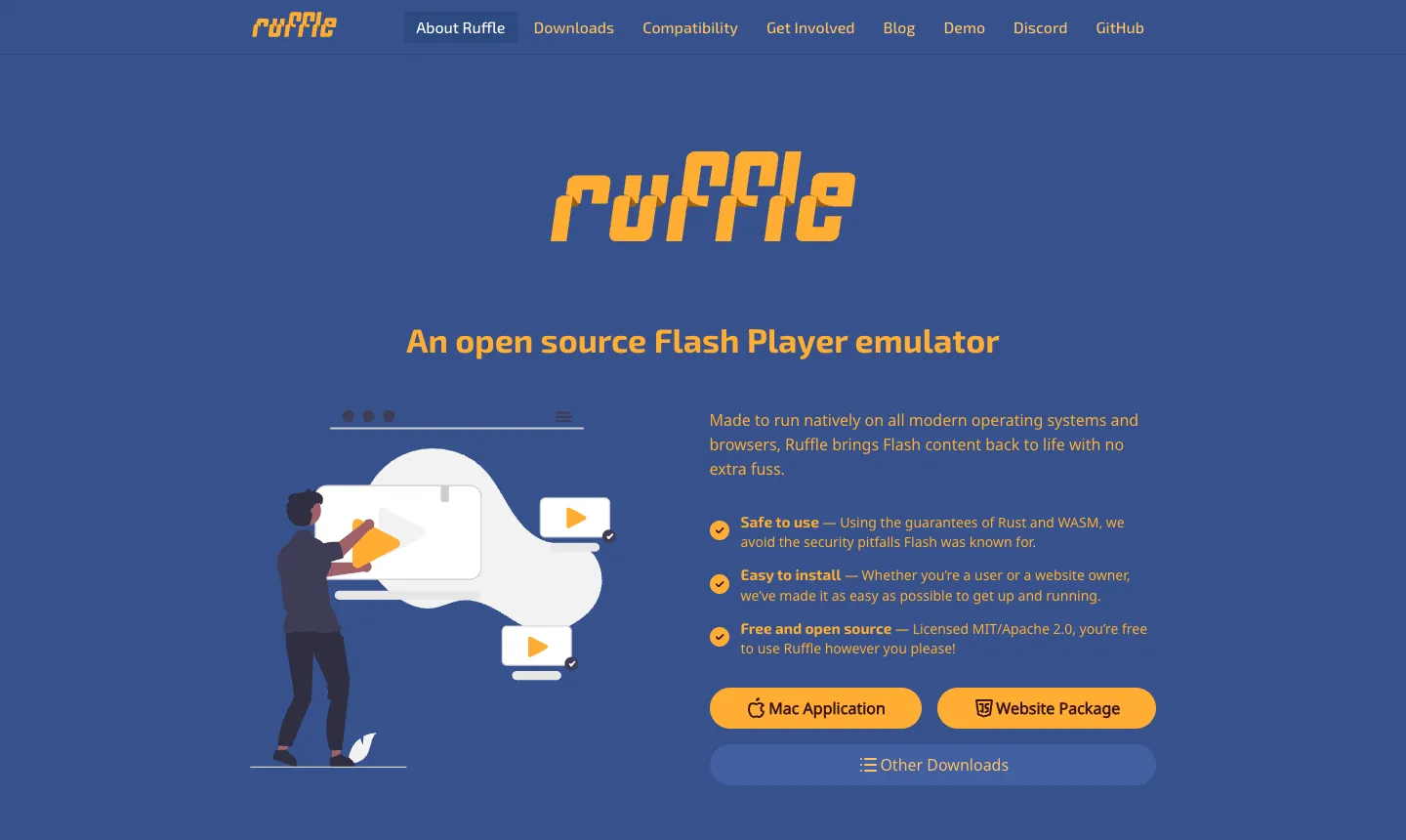 Ruffle 教學:免費代替 Flash Player,瀏覽器、電腦都能播 SWF 1 Ruffle 官網首頁,標示為開源的 Flash Player 模擬器,提供 Mac 版、網站套件與其他下載