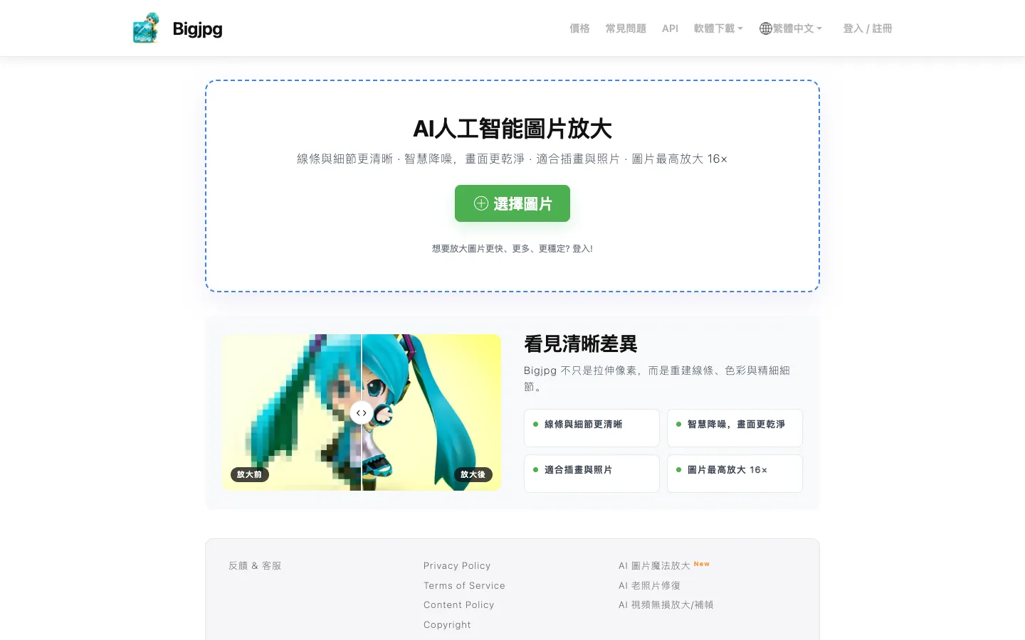 Bigjpg 繁體中文首頁，中間是綠色「選擇圖片」按鈕，下方有放大前後的對照範例