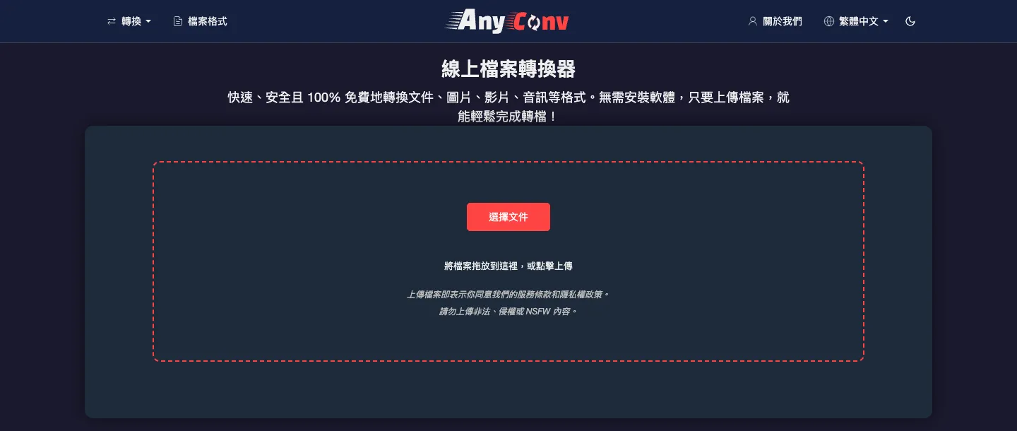 AnyConv 教學:免費線上轉檔 4 步驟,安全性與限制一次看(2026) 1 AnyConv 繁體中文首頁「線上檔案轉換器」,中間是選擇文件按鈕與拖放上傳區