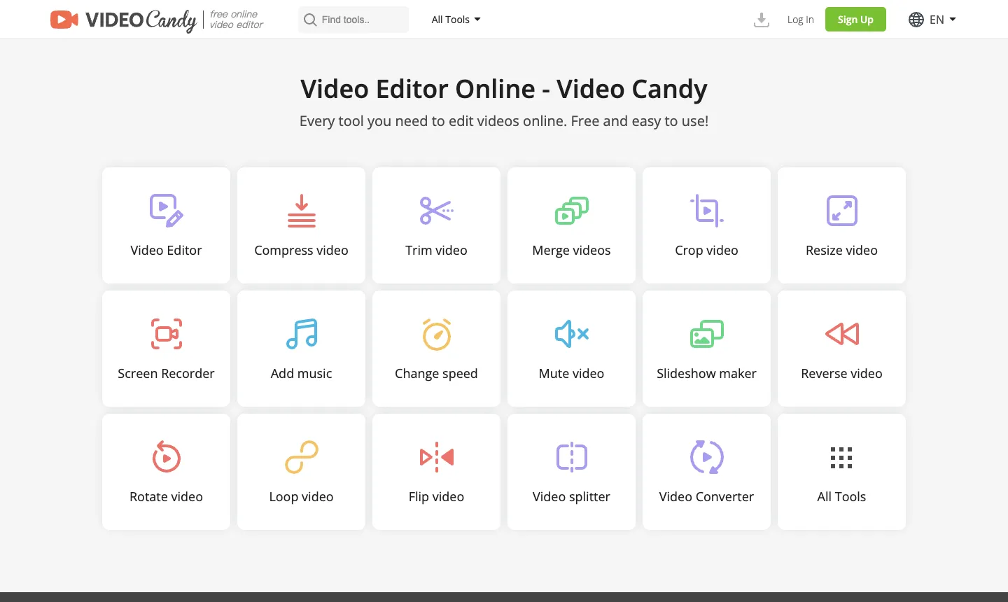 Video Candy 免費線上影片剪輯:壓縮實測、浮水印與檔案大小限制 1 Video Candy 首頁,列出 Video Editor、Compress video、Trim video、Merge videos、Crop video 等常用影片工具