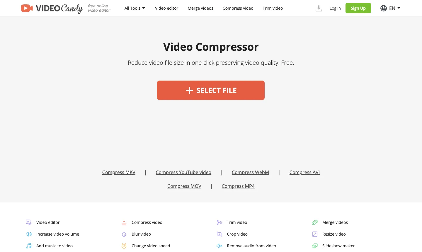 Video Candy 免費線上影片剪輯:壓縮實測、浮水印與檔案大小限制 3 Video Candy 的 Video Compressor 頁面,中間是 SELECT FILE 按鈕,下方有 Compress MP4、MOV、AVI 等格式捷徑