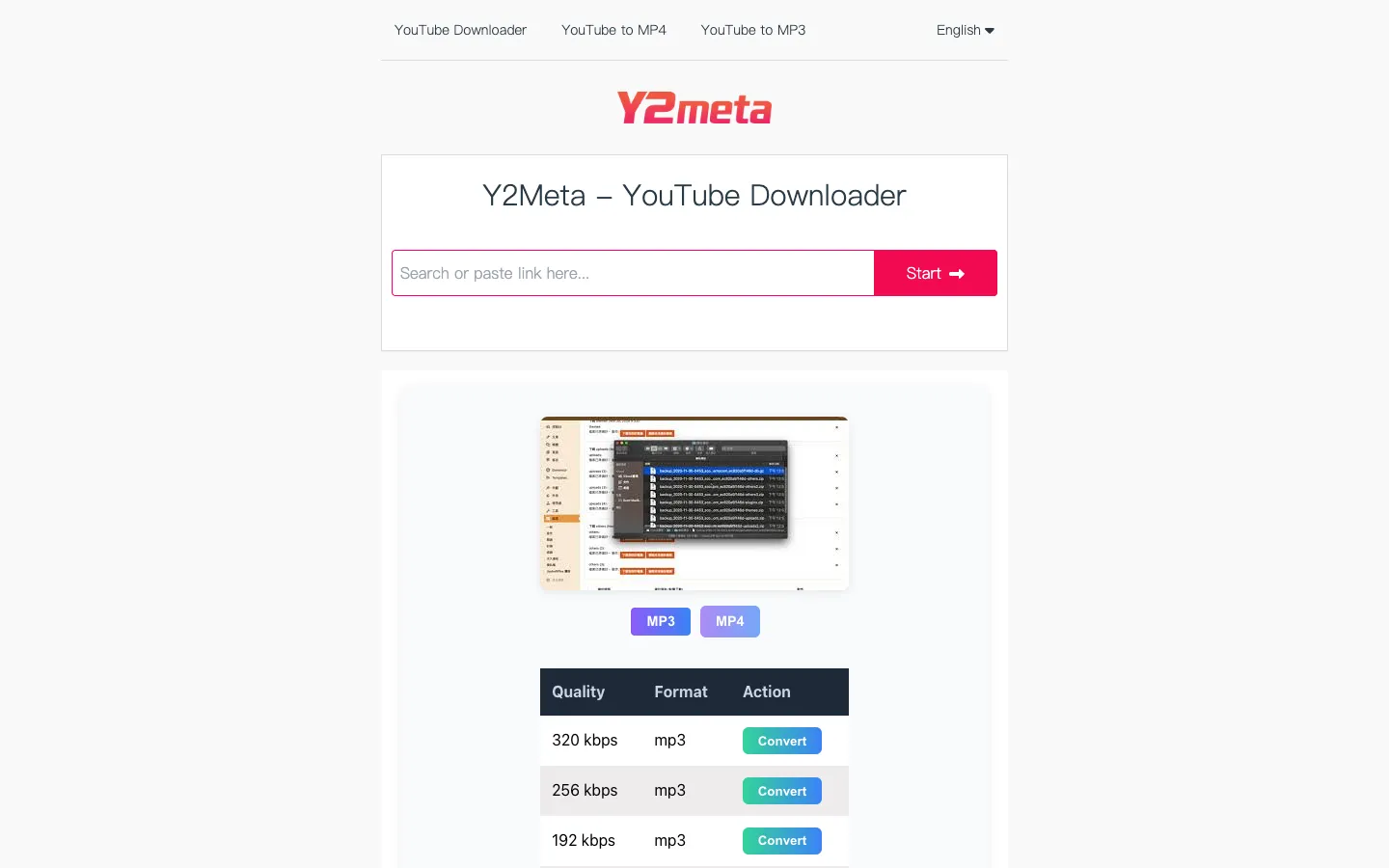 Y2meta 怎麼用?YouTube 轉 MP4、MP3 教學與 2026 可用網址、假按鈕提醒 3 Y2meta 解析完成後的畫面,顯示影片縮圖、MP3/MP4 分頁,以及 320 kbps、256 kbps、192 kbps 等音質與「Convert」按鈕