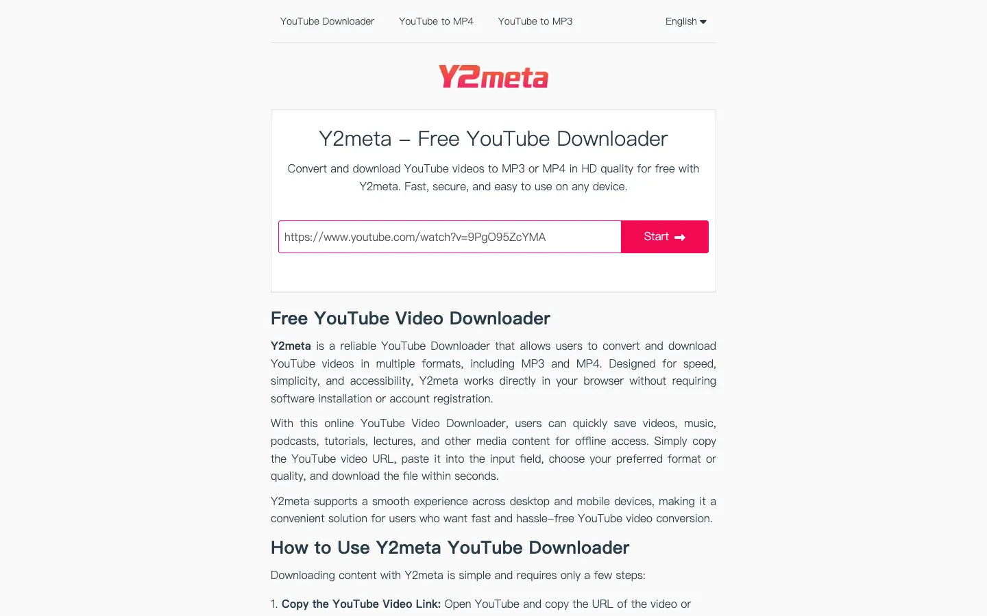 Y2meta 怎麼用?YouTube 轉 MP4、MP3 教學與 2026 可用網址、假按鈕提醒 2 在 y2meta.cc 的輸入框貼上 YouTube 影片網址,右側是紅色「Start」按鈕