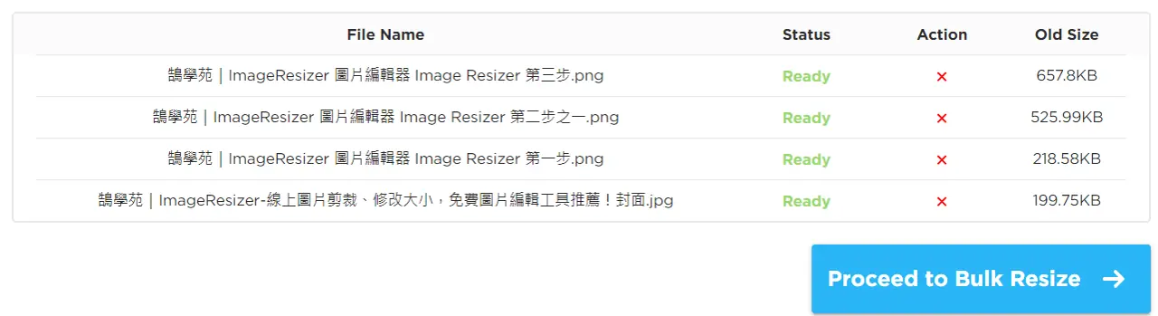 批次調整上傳後的圖片清單，列出每張圖的檔名與尺寸