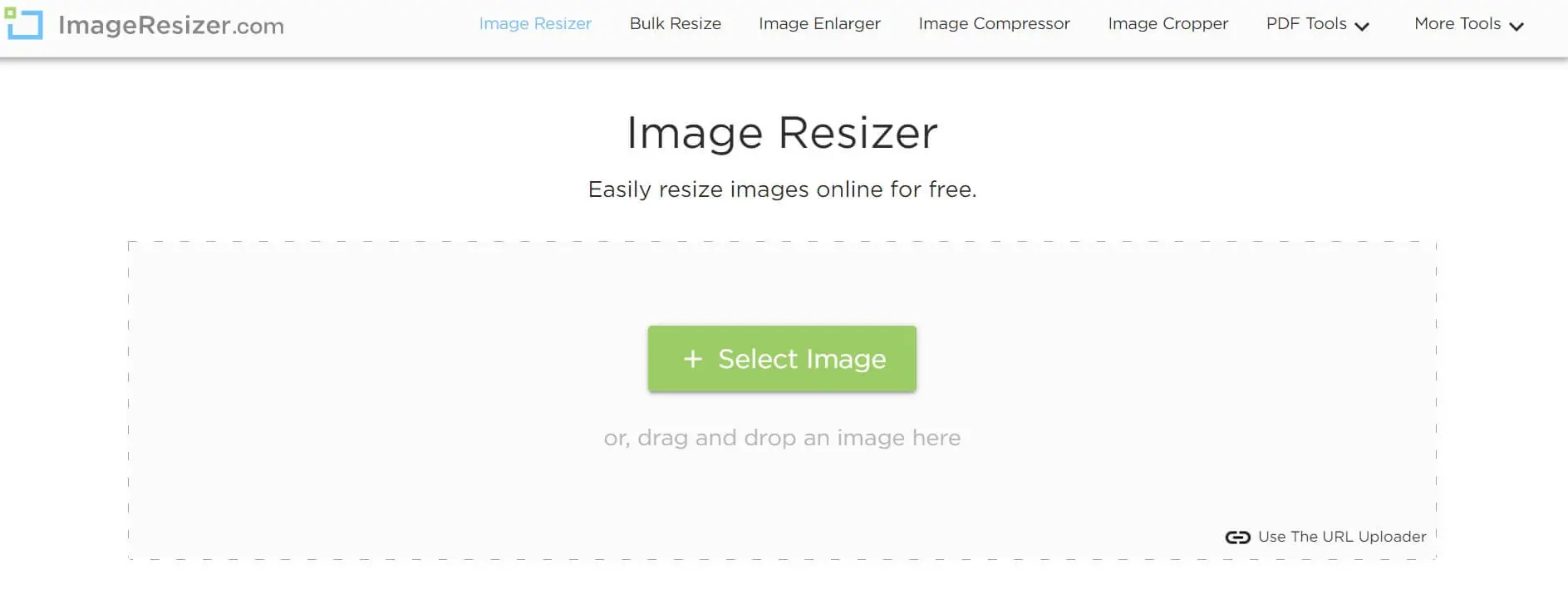 ImageResizer 首頁，中間是選擇圖片的上傳區塊