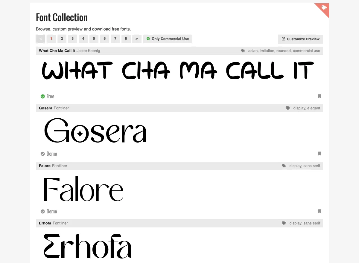 Font Meme 教學:免費英文字體下載與 logo 文字產生器 4 Font Collection 字型庫:上方有「Only Commercial Use」篩選按鈕,每款字型左下角標示 Free、Demo 等授權
