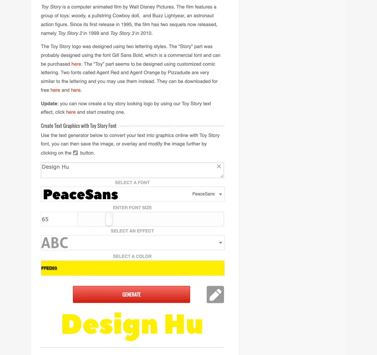 Font Meme 教學:免費英文字體下載與 logo 文字產生器 2 Fonts in Use 的 Toy Story Font 頁面:上方說明 logo 使用的字體與替代字,下方文字產生器輸入「Design Hu」後產生的黃色字樣