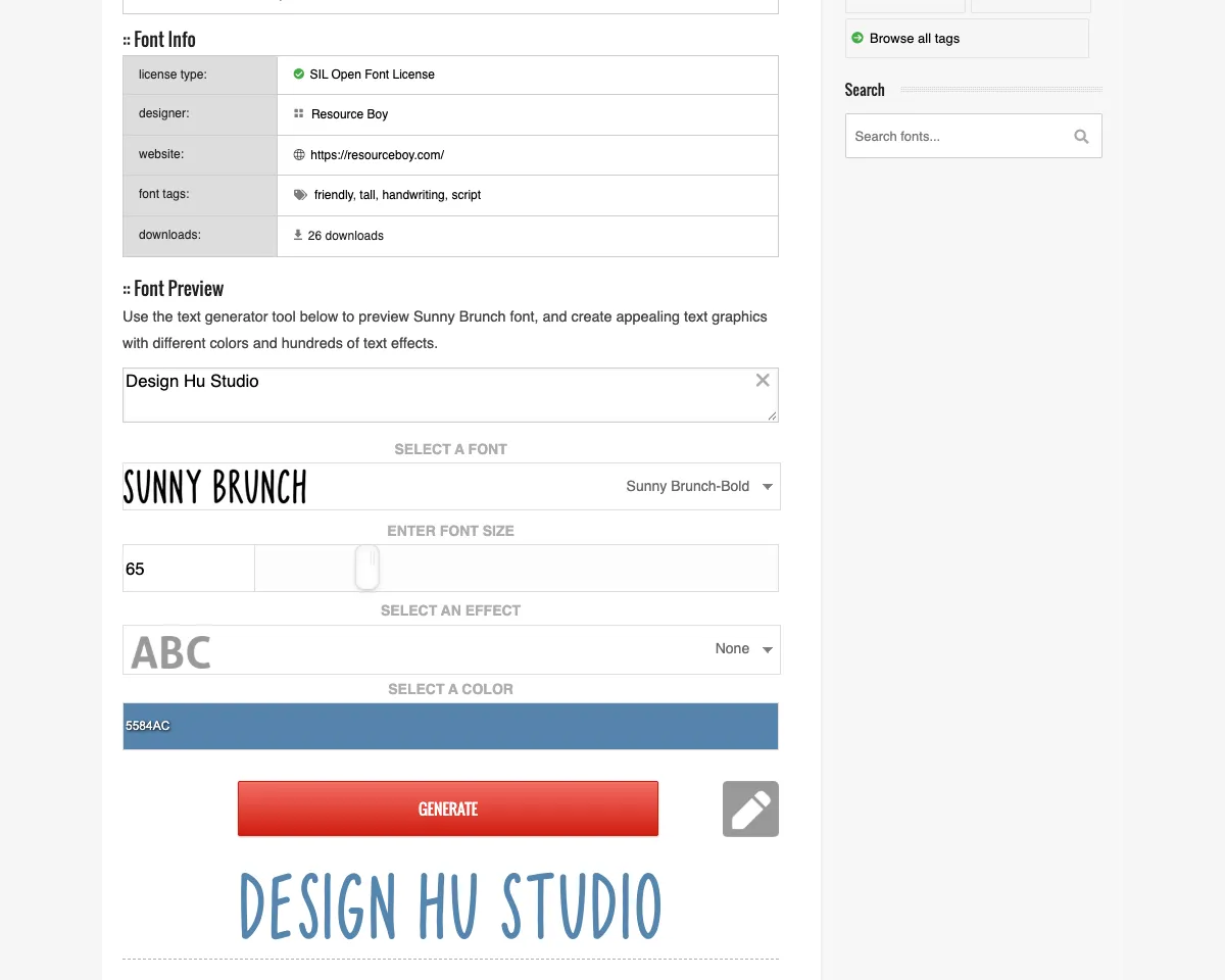 Font Meme 教學:免費英文字體下載與 logo 文字產生器 3 Sunny Brunch 字型頁的 Font Info 與文字產生器:輸入「Design Hu Studio」並按 GENERATE,下方產生藍色字樣圖片