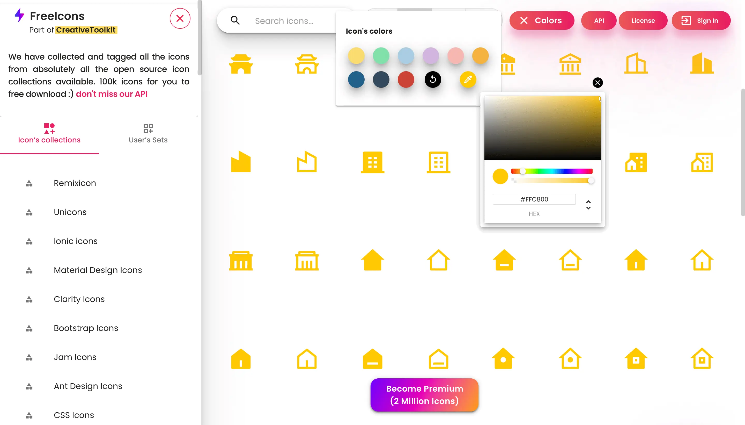 Free Icons 免費可商用 icon 下載:開源圖示集一次搜尋、改色再下載 3 Free Icons 上方的尺寸與 Colors 色票選單,可用滴管自訂顏色
