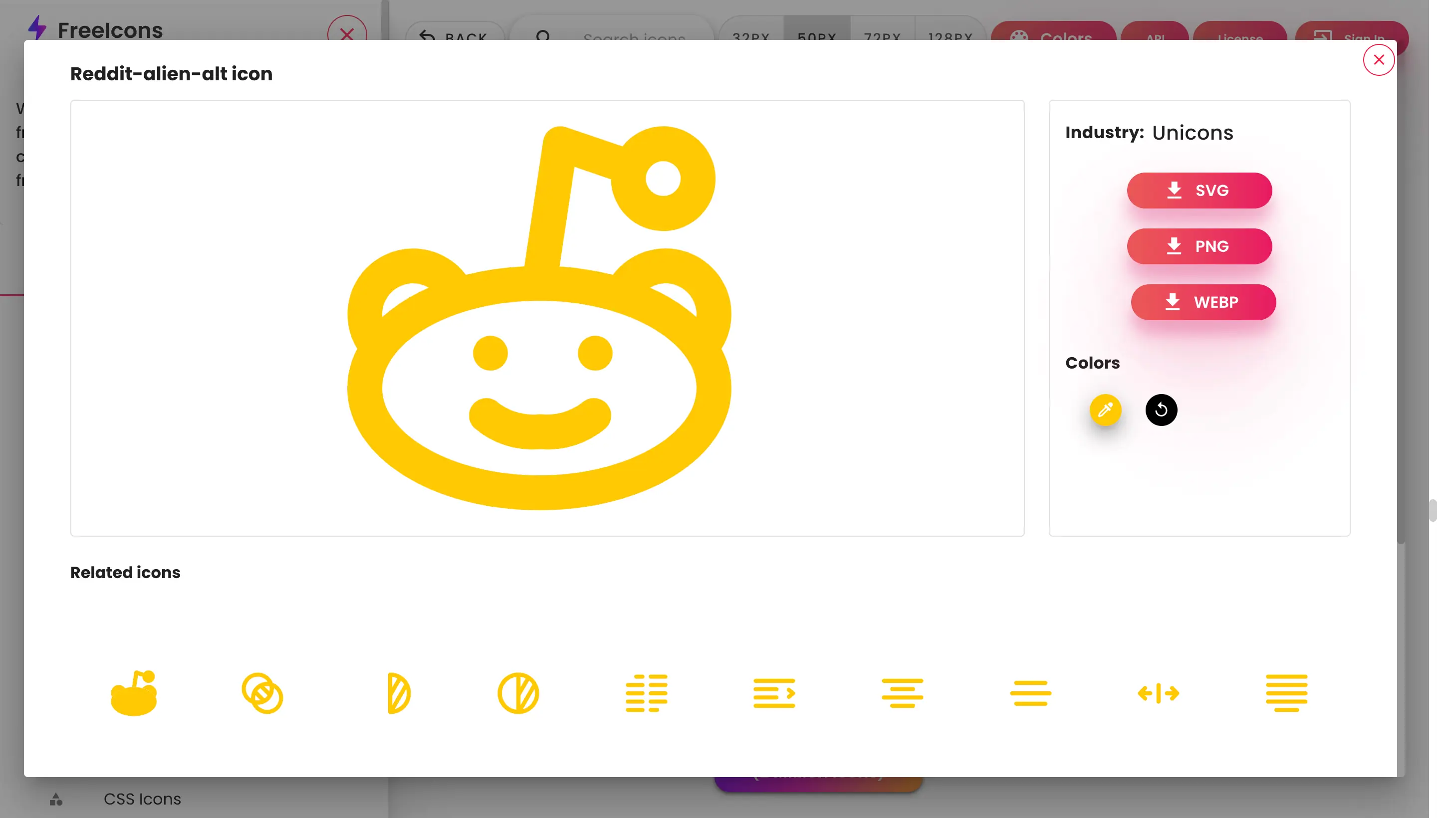 Free Icons 免費可商用 icon 下載:開源圖示集一次搜尋、改色再下載 5 Free Icons 圖示大圖預覽,右側可調整顏色並選擇下載格式