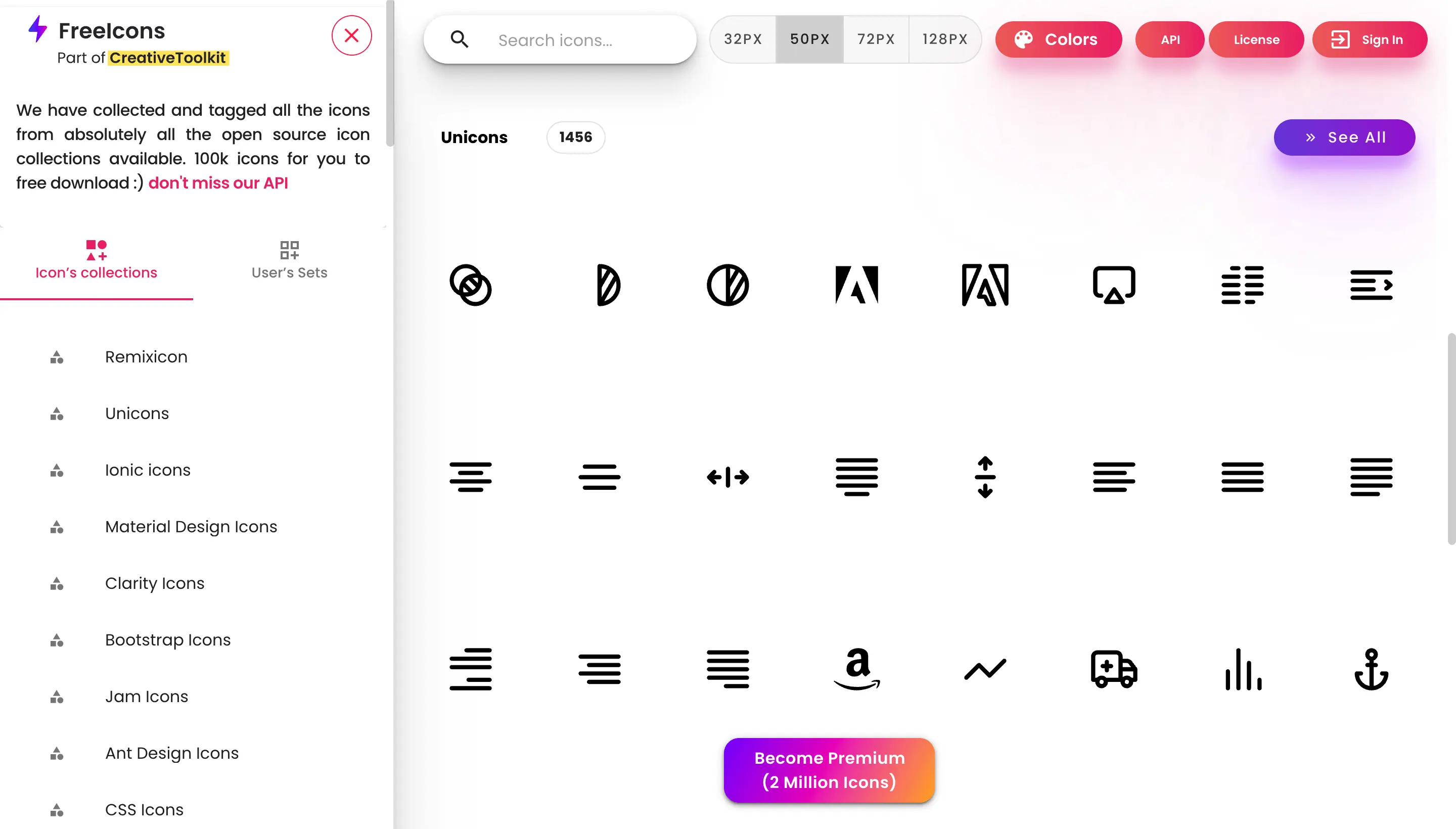 Free Icons 免費可商用 icon 下載:開源圖示集一次搜尋、改色再下載 2 Free Icons 圖示集預覽,右上方有 See All 按鈕與搜尋欄