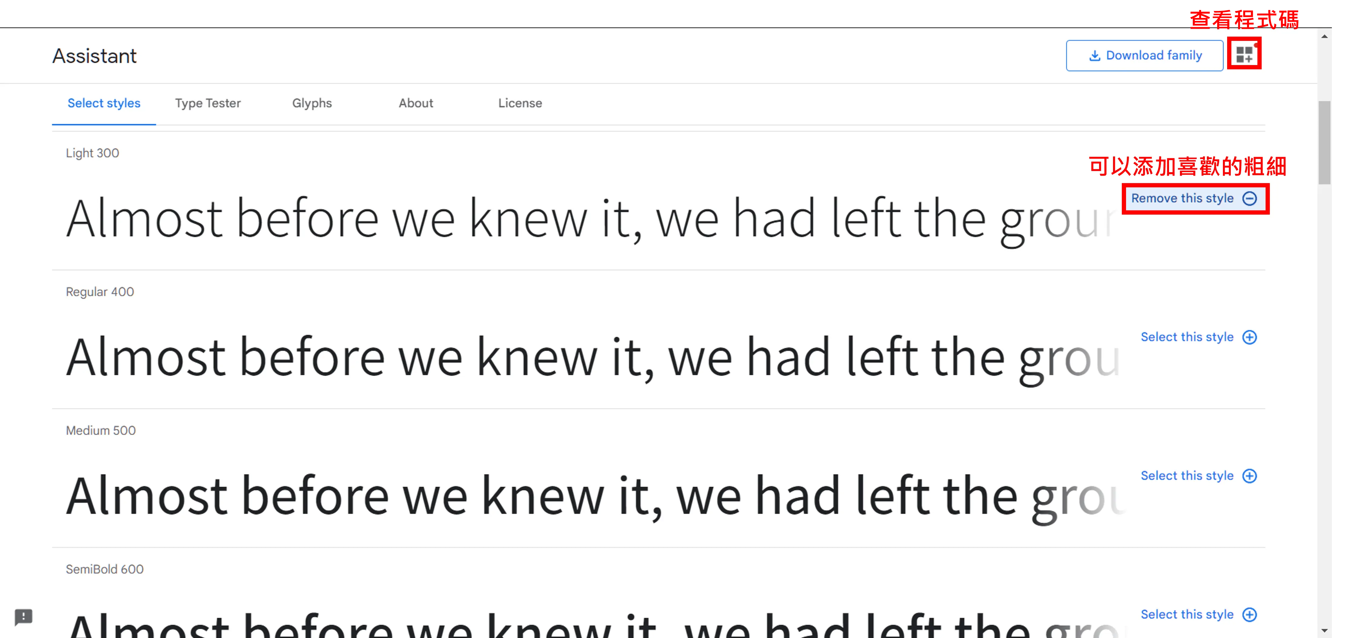 Google Fonts 選好字型與粗細後顯示的嵌入程式碼