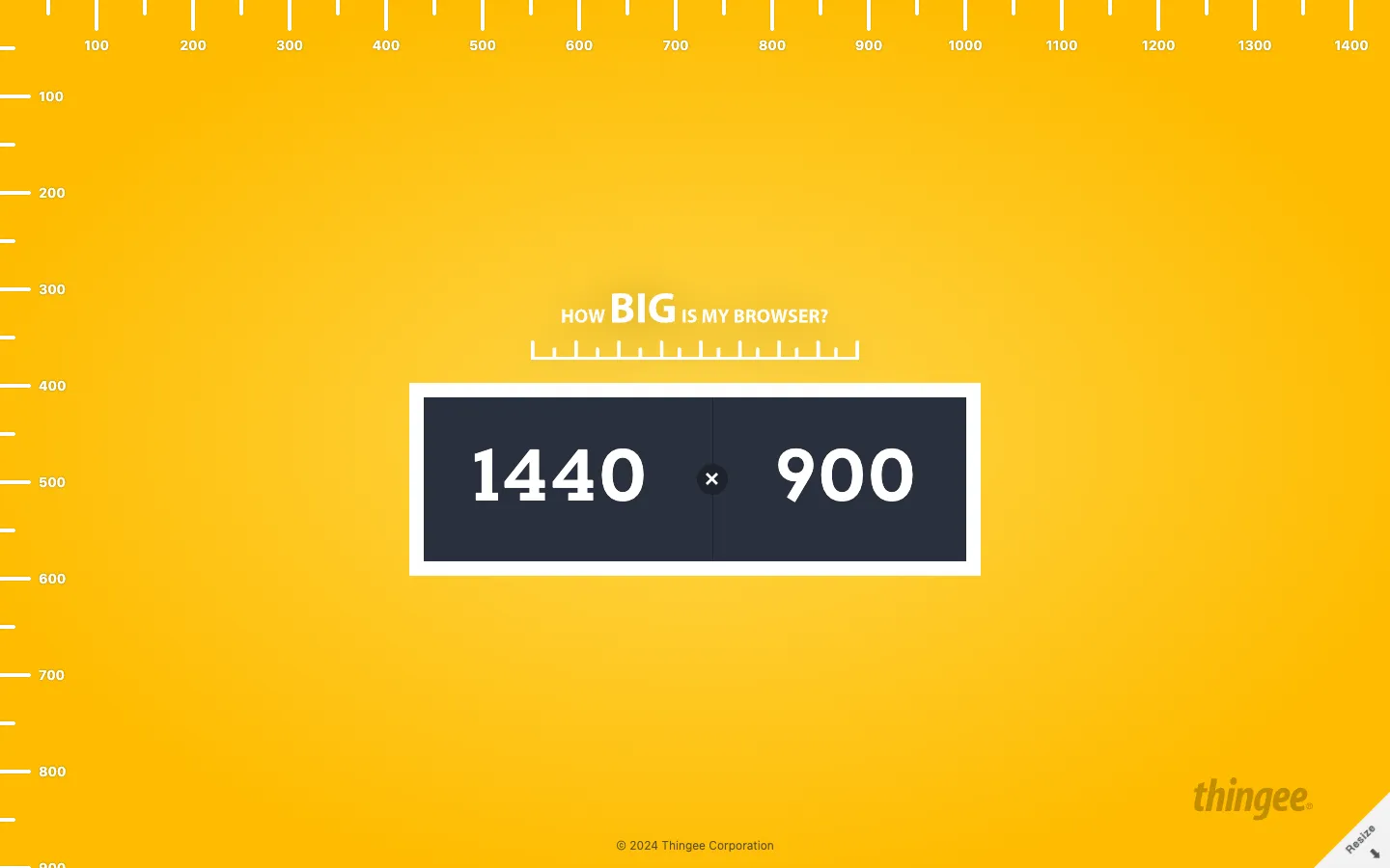 How Big Is My Browser:一秒查瀏覽器視窗大小(含手機、RWD 用法) 1 在 1440 × 900 的瀏覽器視窗開啟 How Big Is My Browser,畫面中間顯示 1440 × 900,四周有像素刻度尺