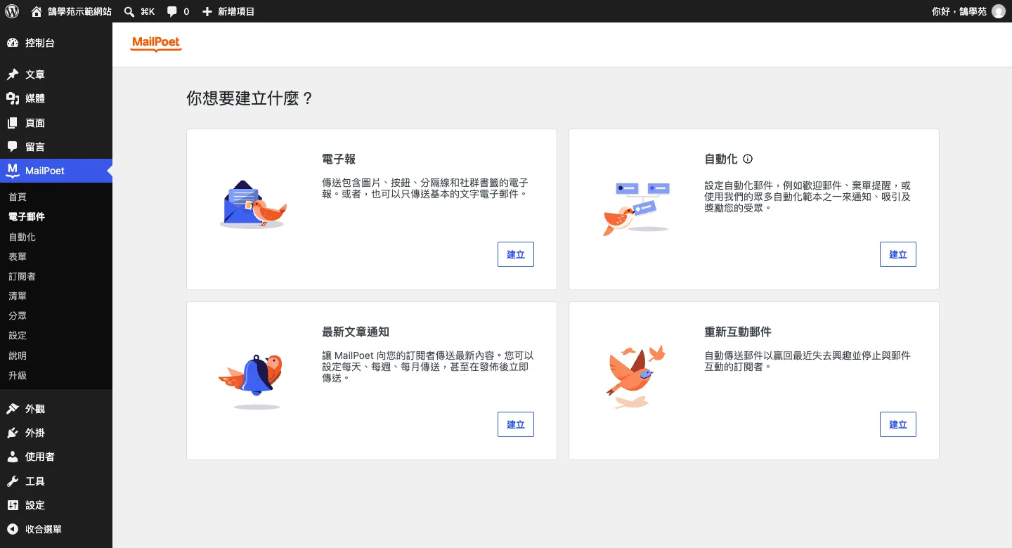 MailPoet 新增電子郵件時的類型選擇畫面：電子報、自動化、最新文章通知、重新互動郵件