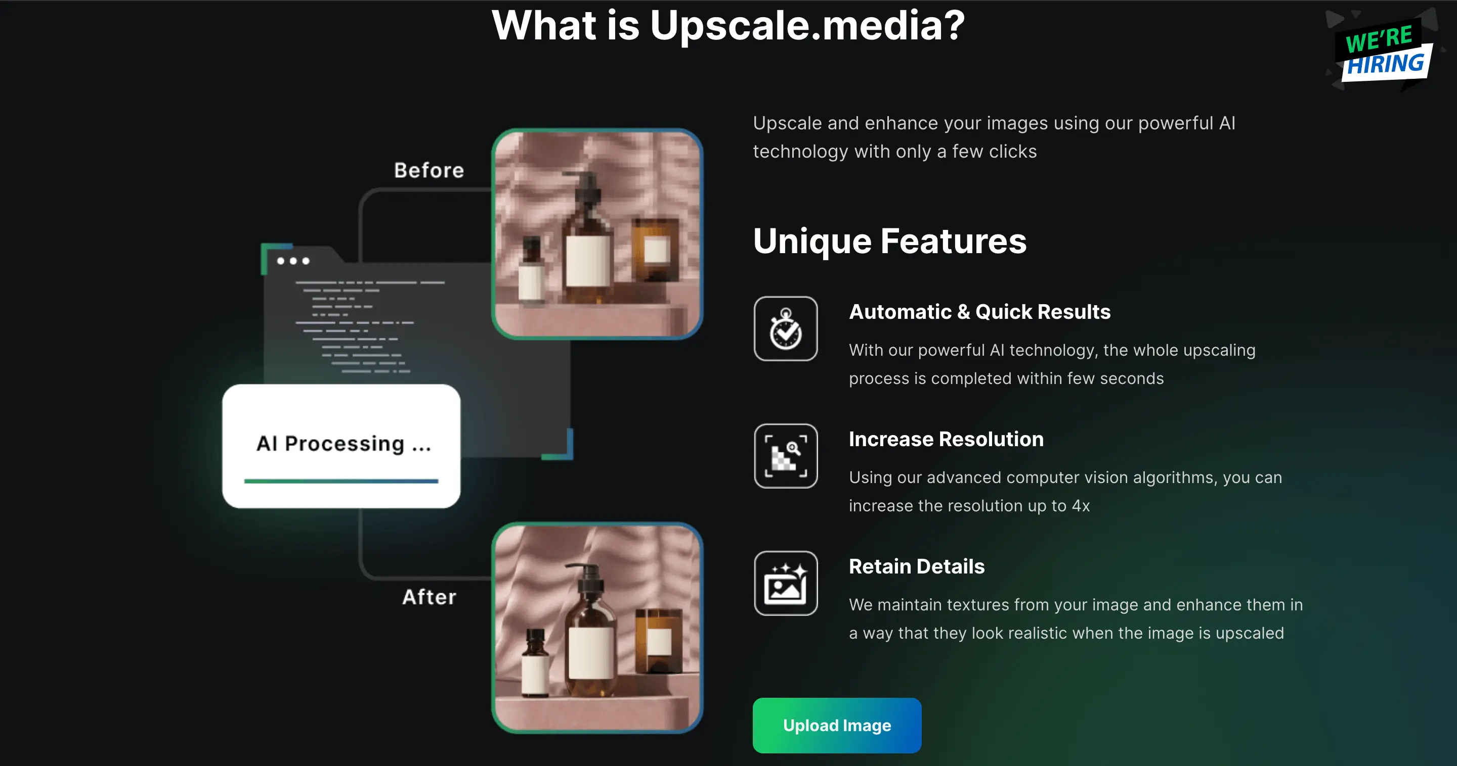 Upscale.media 教學:AI 放大圖片用法、免費限制與倍率說明 1 Upscale.media 首頁,中間是上傳圖片的區域(2022 年畫面)