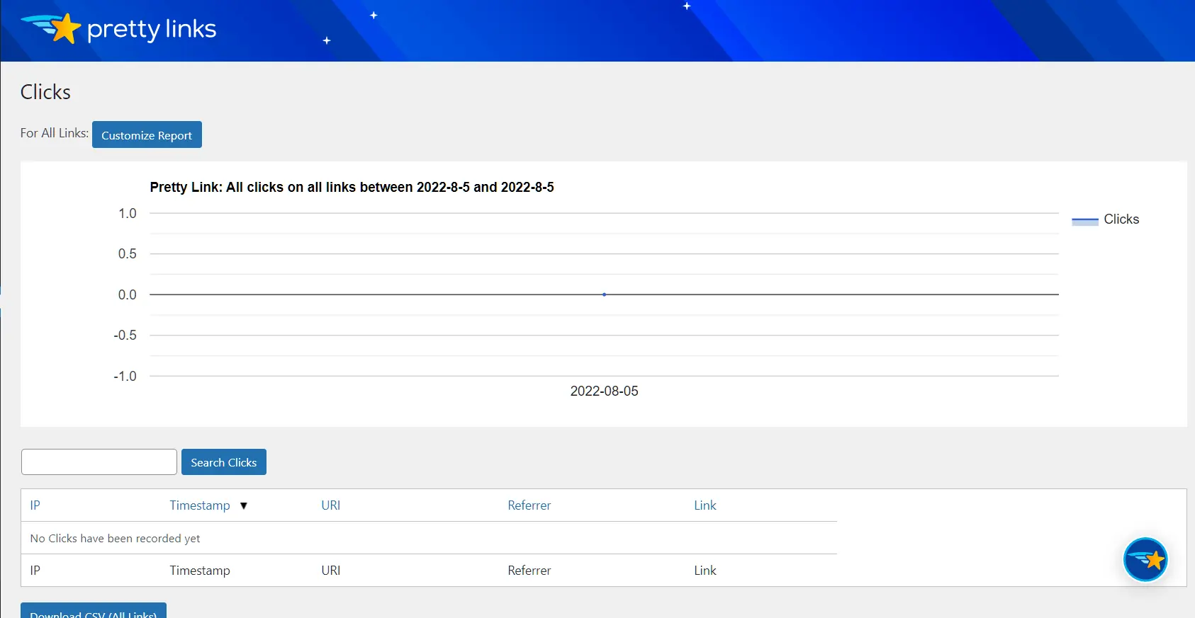 Pretty Links 教學:WordPress 短網址外掛,自訂連結與點擊追蹤 6 Clicks 點擊報告頁,顯示每日點擊圖表與點擊記錄(舊版畫面)