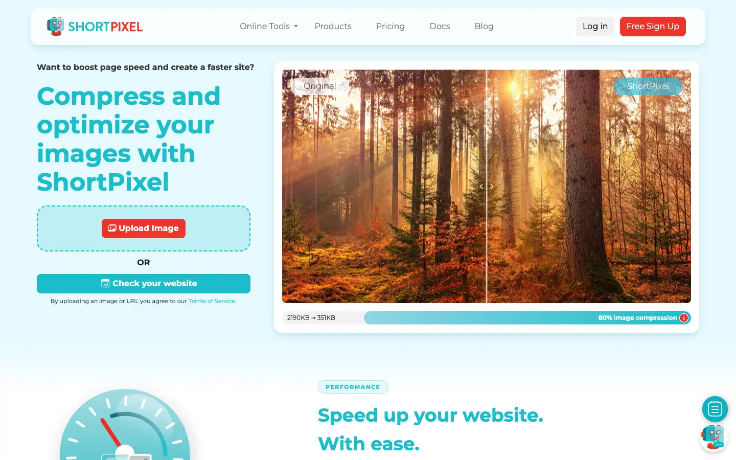 ShortPixel 教學:WordPress 圖片壓縮外掛設定與免費點數 2 ShortPixel 官方網站首頁,可直接上傳圖片試用壓縮並比較原圖與壓縮後的畫質