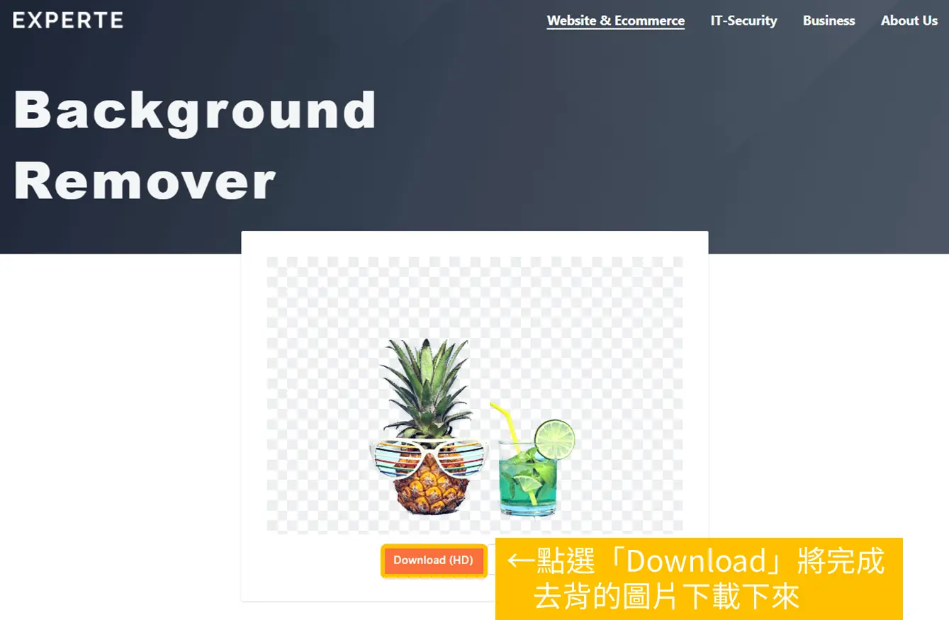 EXPERTE.com 去背完成的鳳梨預覽與下載按鈕
