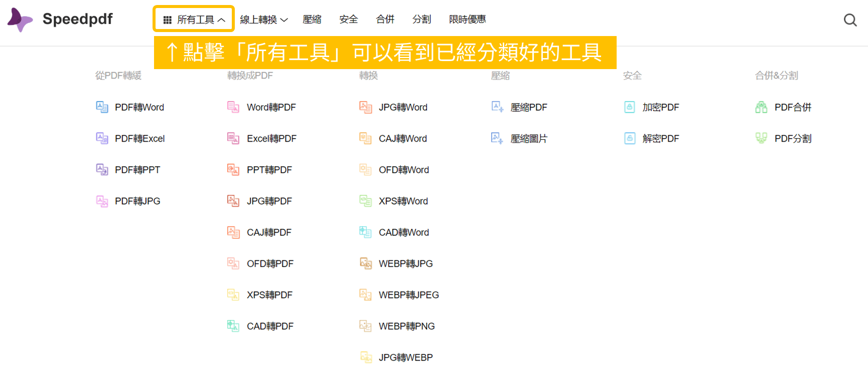 Speedpdf 使用教學_ 2. 點擊「所有工具」可以看到已經分類好的工具，可以透過這些功能按鍵進入_鵠學苑