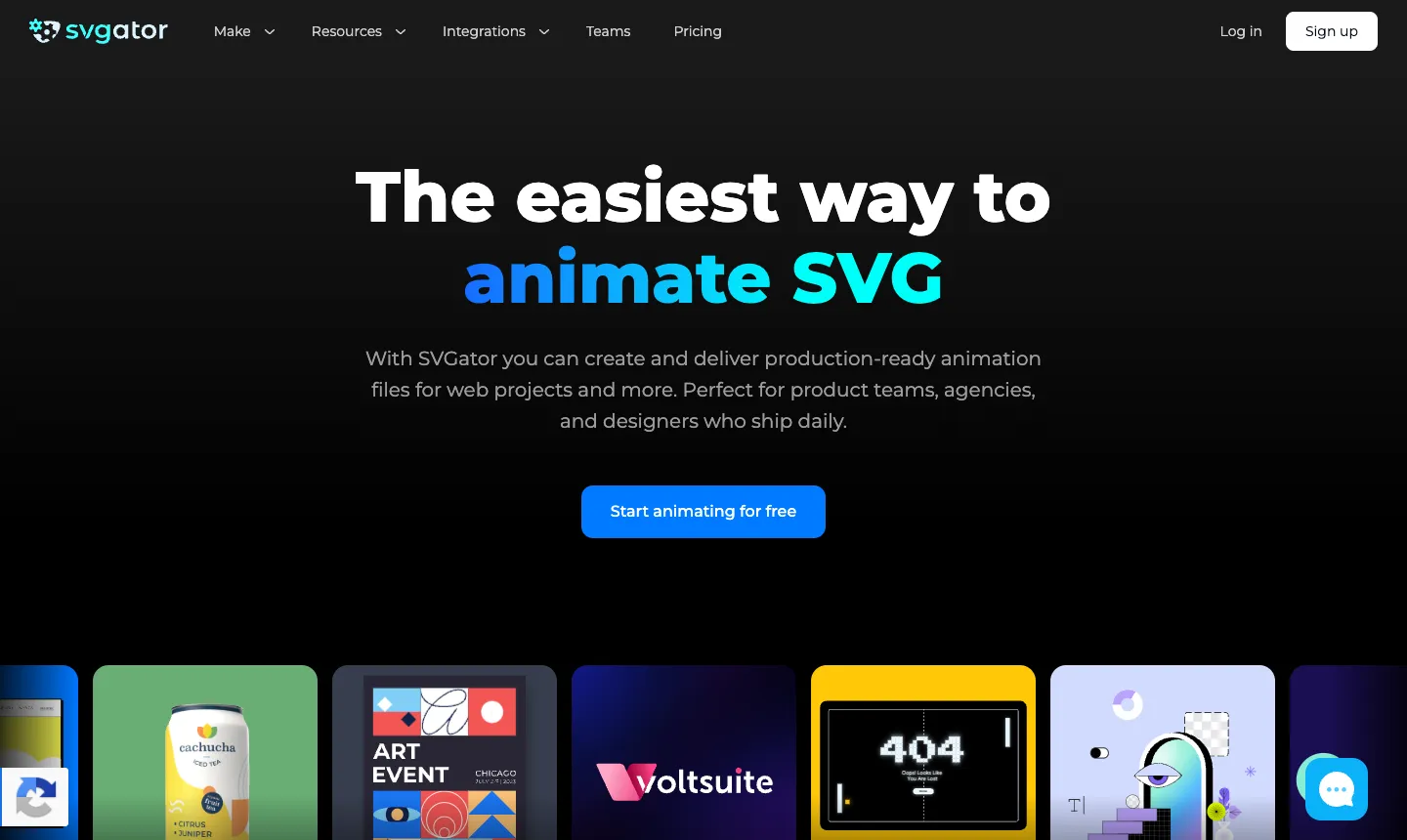 SVGator 官網首頁：標語為「The easiest way to animate SVG」，中間是「Start animating for free」按鈕，右上角有 Log in 與 Sign up