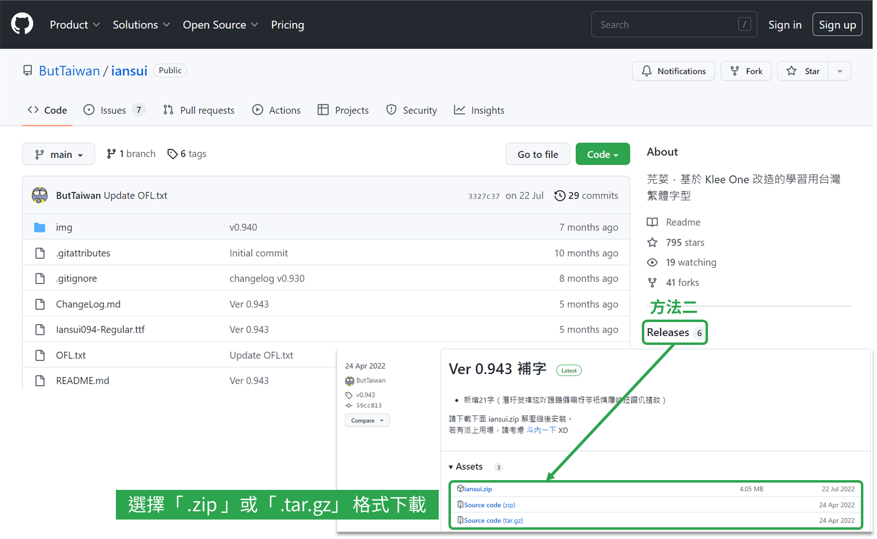 「芫荽」基於 Klee 的教育用繁體楷書字型_ 2. 點擊頁面右下方「Releases」，然後選擇「 .zip 」或「 .tar.gz」 格式下載。_鵠學苑