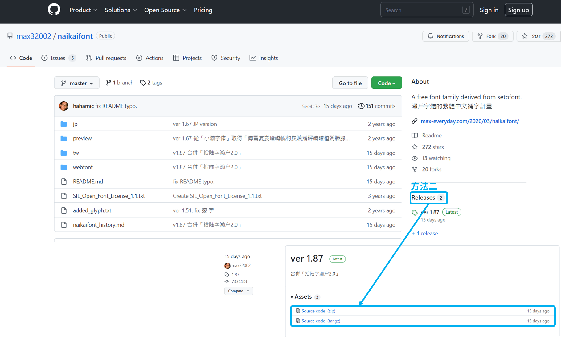 點擊頁面右下方「Releases」，然後選擇「 .zip 」或「 .tar.gz」 格式下載。_鵠學苑