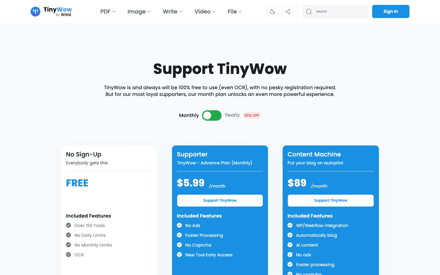 TinyWow 中文版有嗎?免費 PDF、圖片、影片轉檔工具教學與中英功能對照 6 TinyWow 方案頁面,免費版標示超過 150 個工具、沒有每日與每月限制,付費版主要是免廣告與免驗證