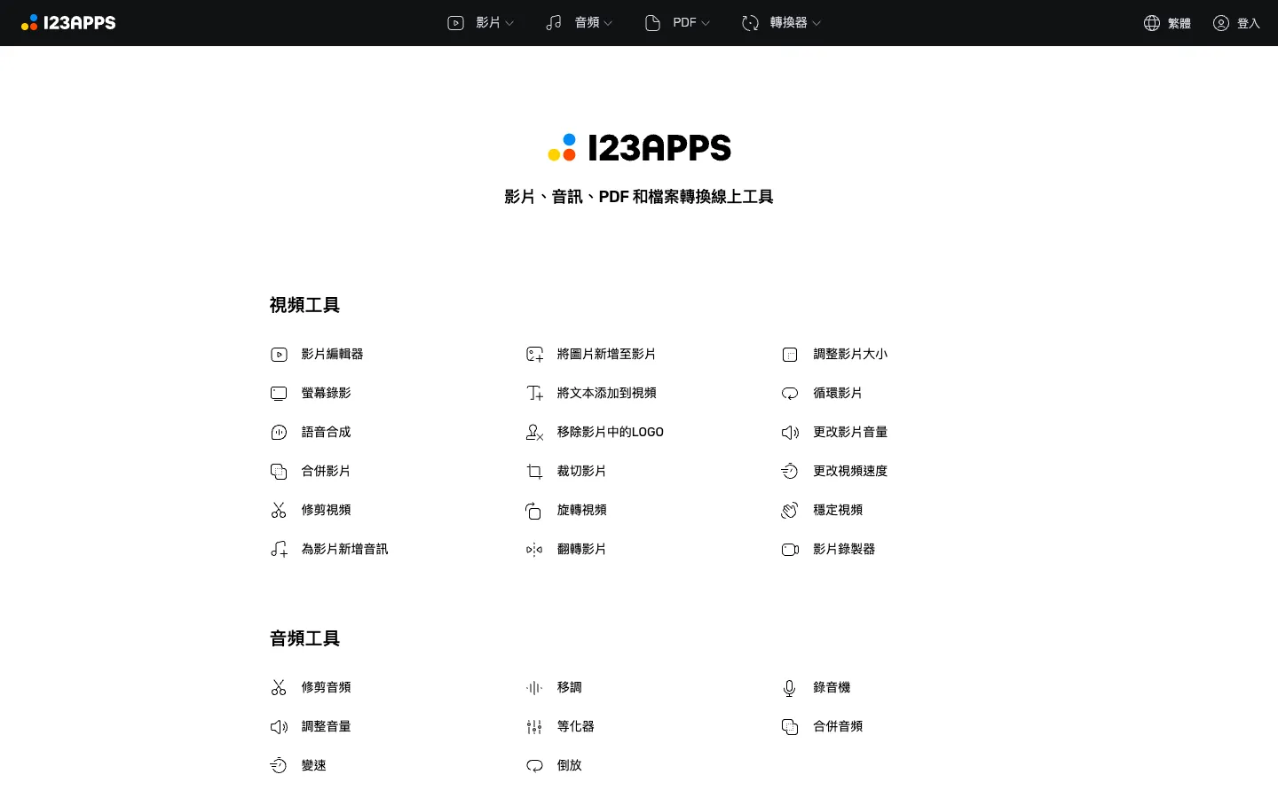 123apps 是什麼?免費線上剪影片、音訊轉檔、PDF 工具教學(含免費限制) 1 123apps 繁體中文首頁,列出視頻工具、音頻工具等分類與各工具名稱