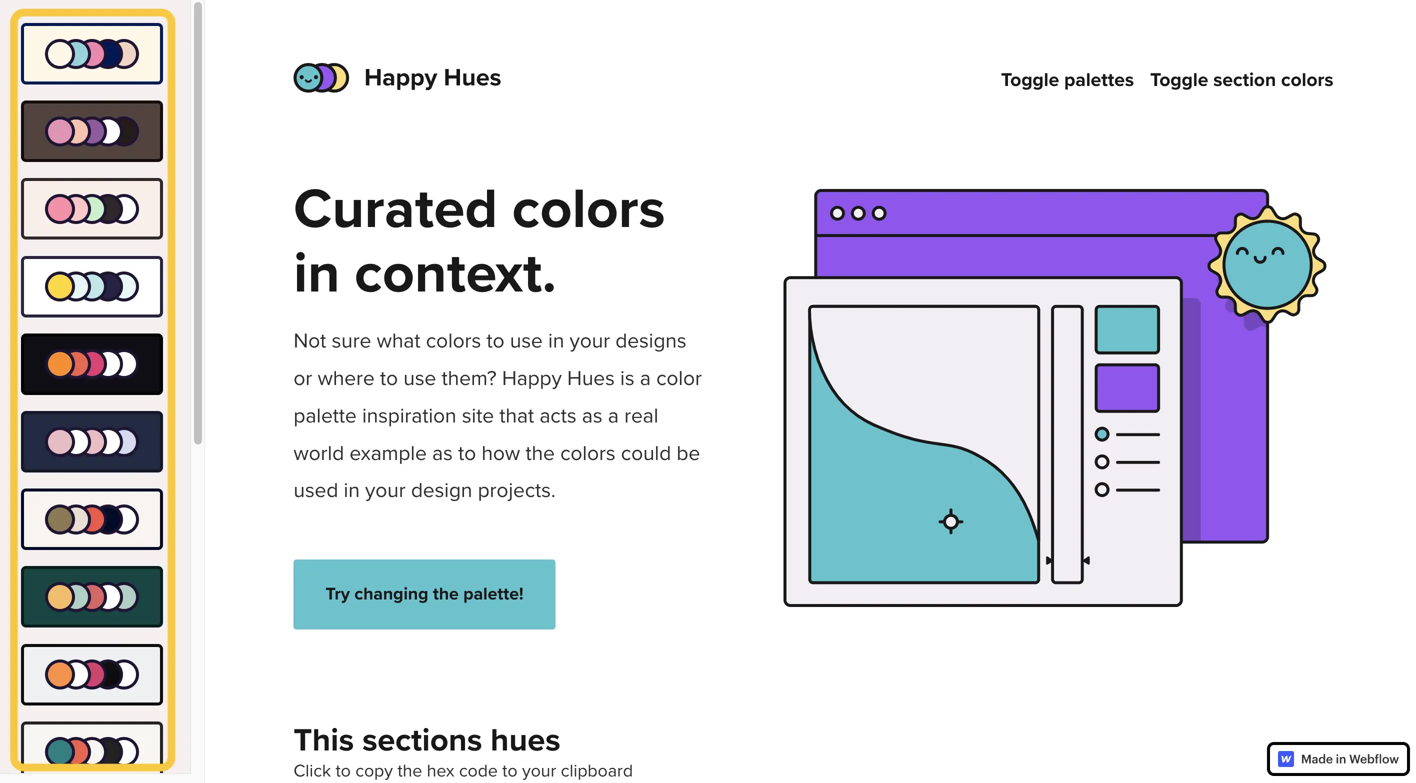 Happy Hues 左側是調色盤清單，右側是套用顏色後的網頁區塊