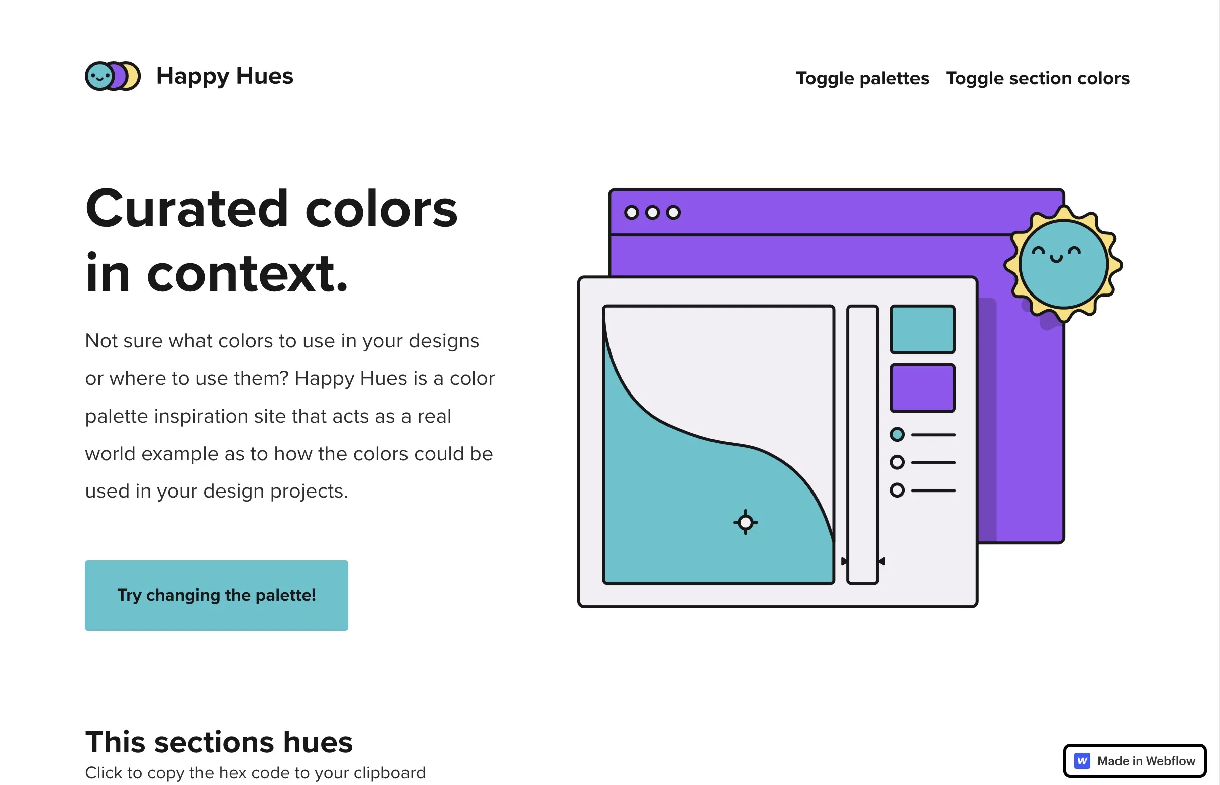 Happy Hues 網站首頁，以套用調色盤的網頁示範配色效果